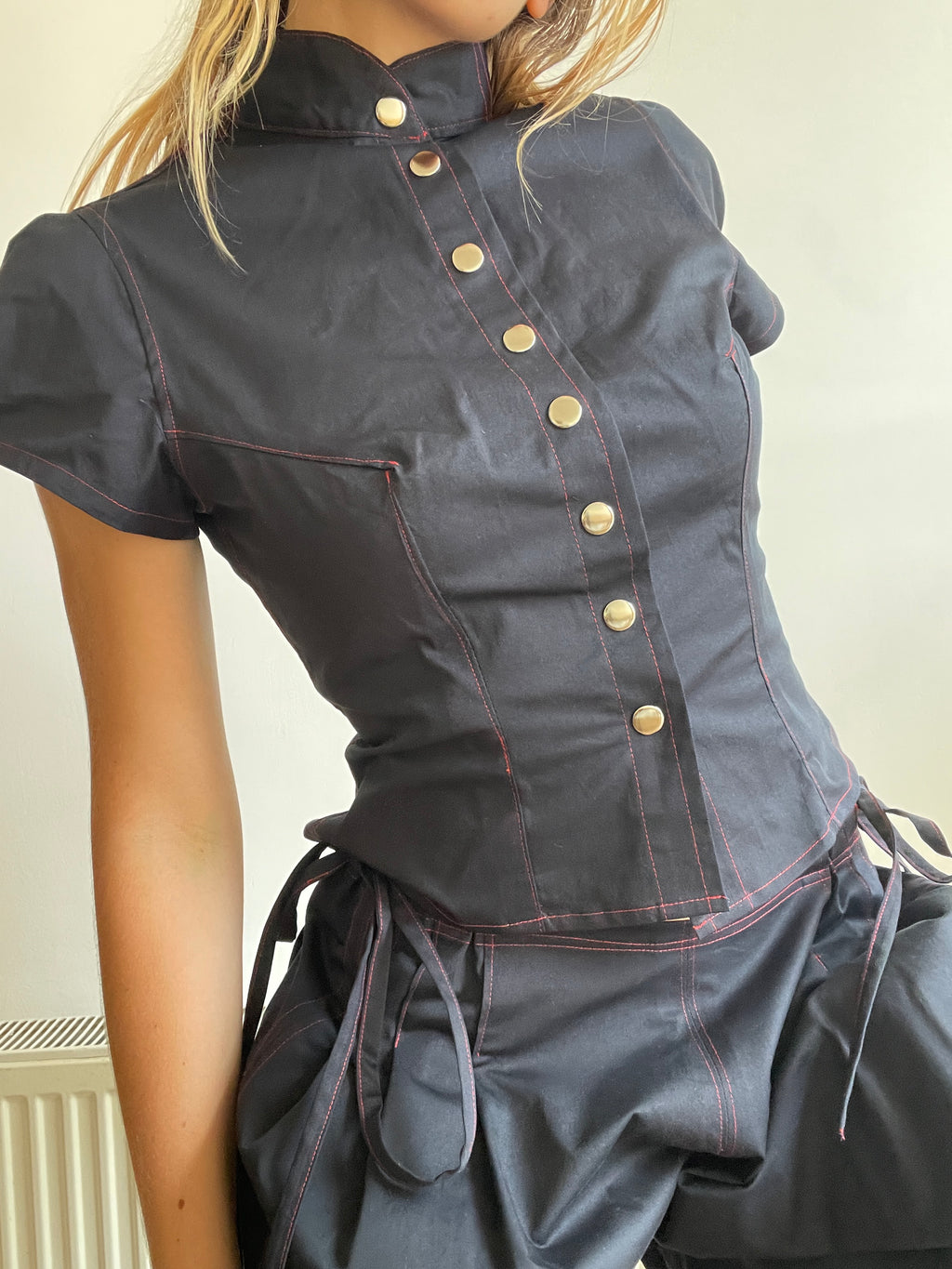 handmade matching set navy stretch baggy shorts and shirt