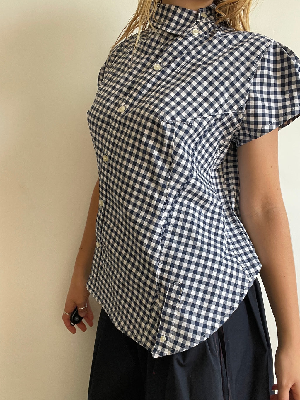 reworked asymetrical blue gingham fitted shirt