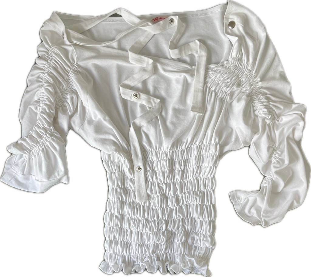 handmade ruched bubble off the shoulder top with neck tie
