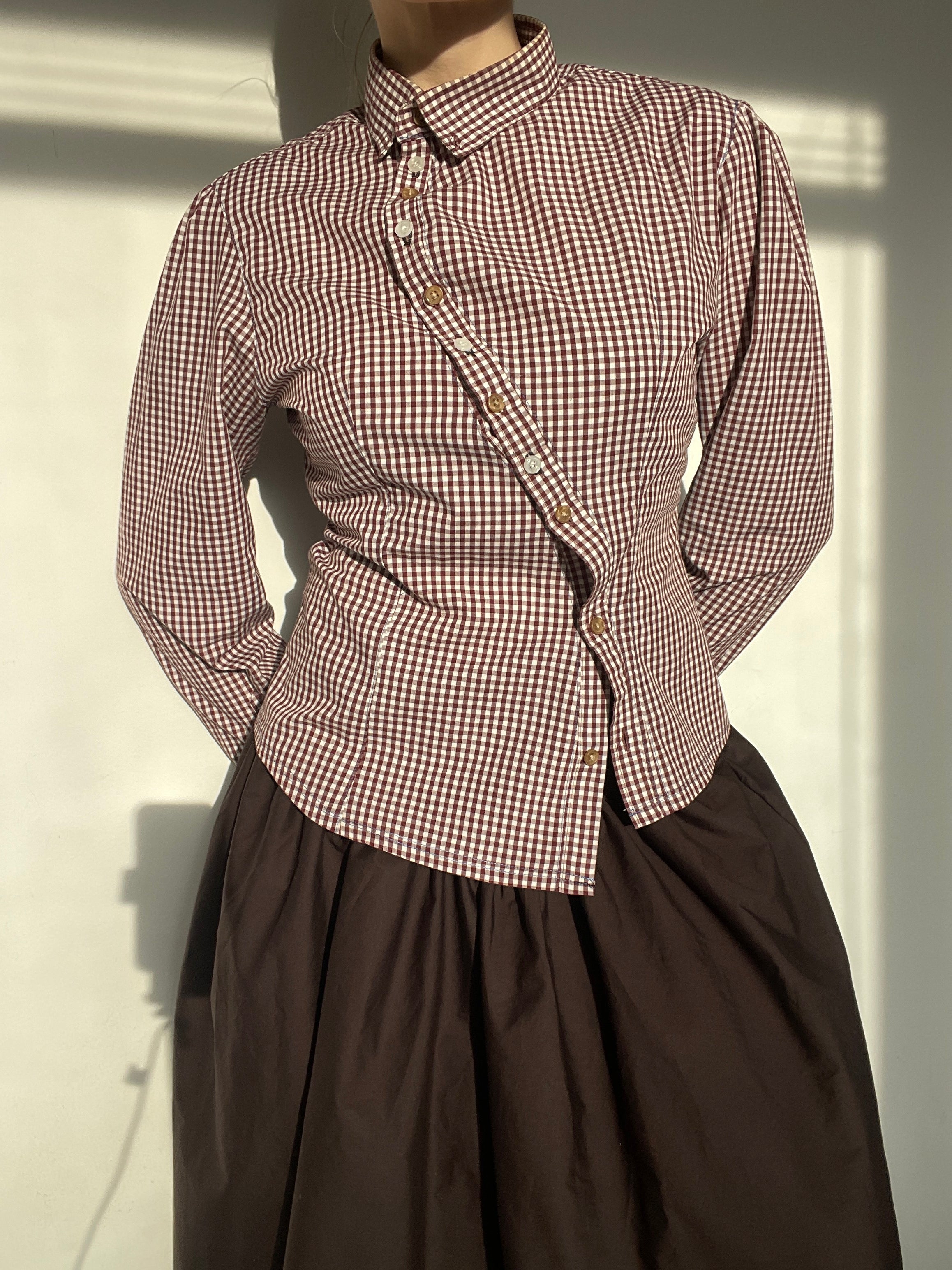 reworked asymetrical gingham burghundy long sleeve shirt
