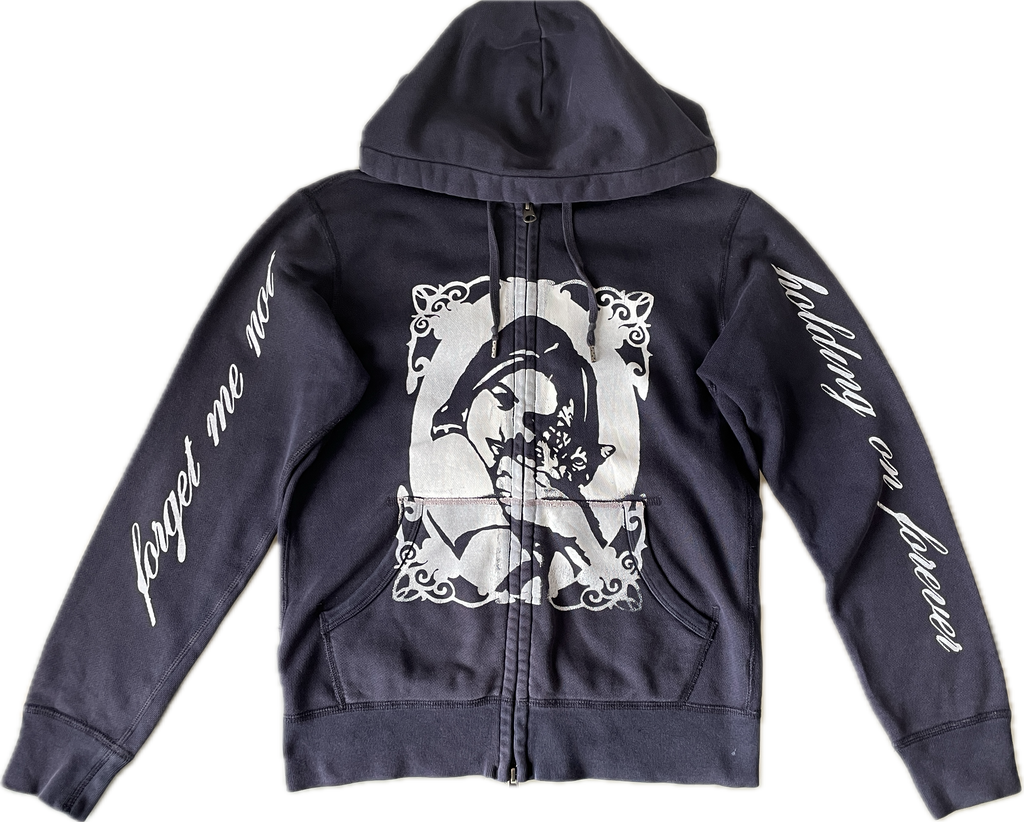 screen printed navy cat girl double zip slim fit hoodie