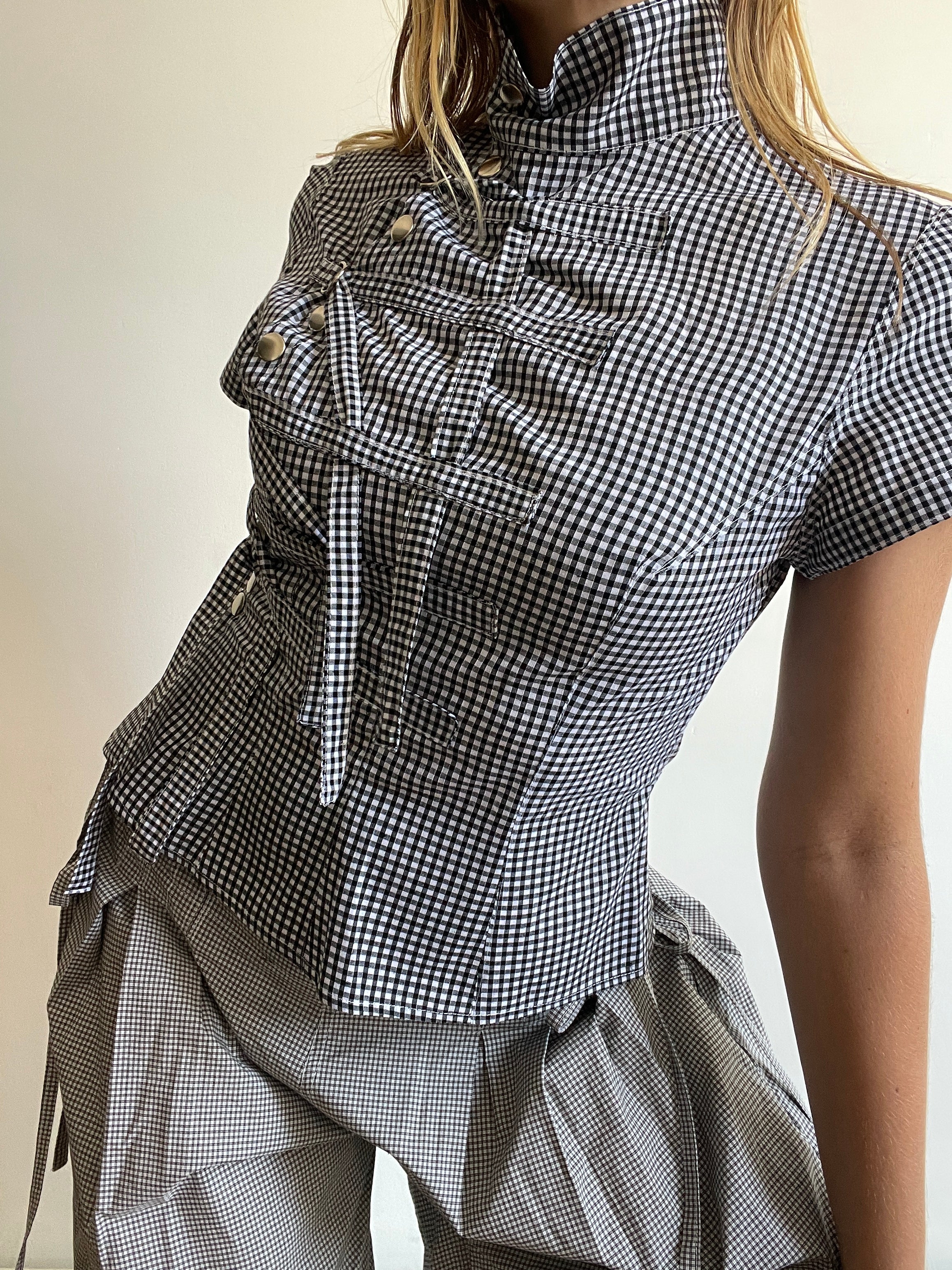 military style buckle asymetrical black gingham shirt