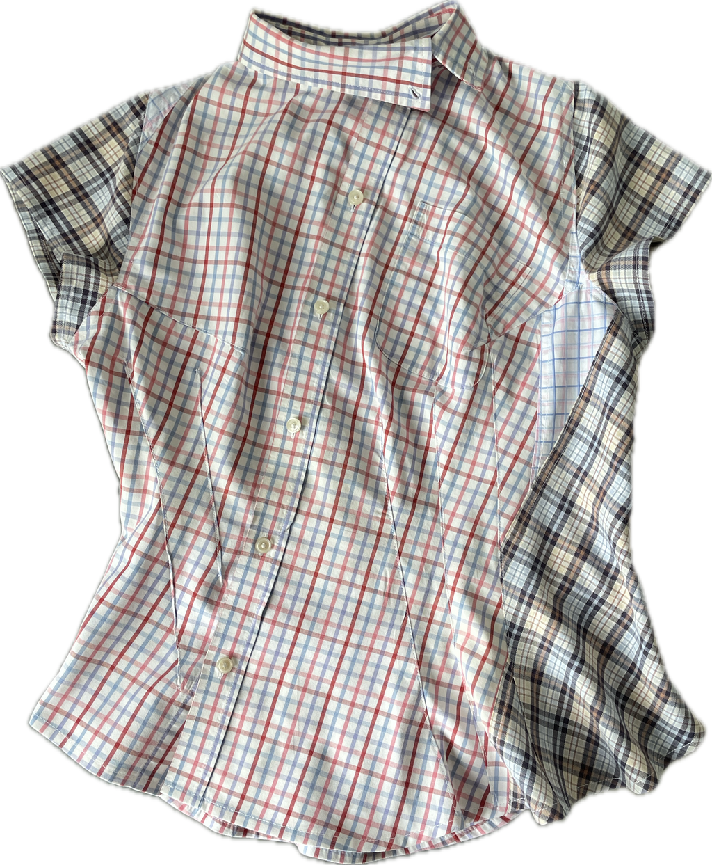 reworked patchwork check print fitted asymmetrical blouse