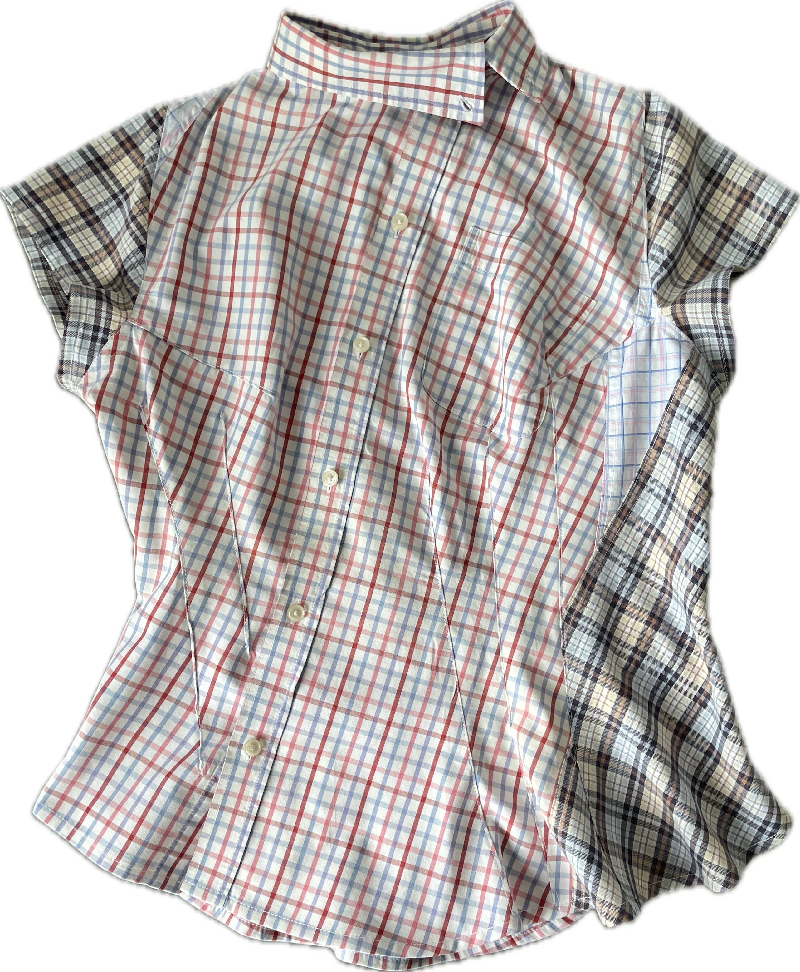 reworked patchwork check print fitted asymmetrical blouse