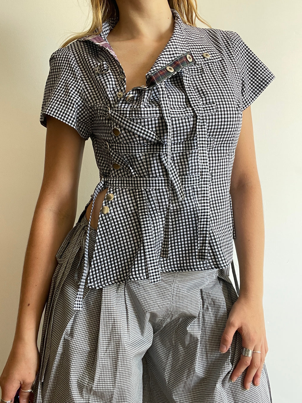 military style buckle asymetrical black gingham shirt