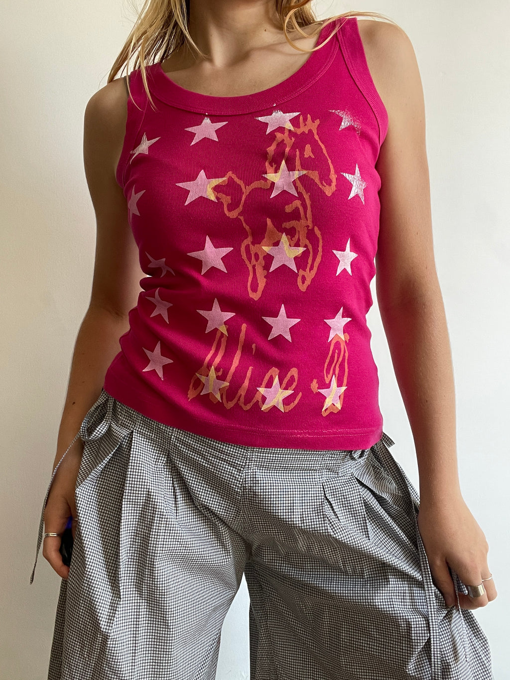 handmade screen printed star horse graphic tank top in pink