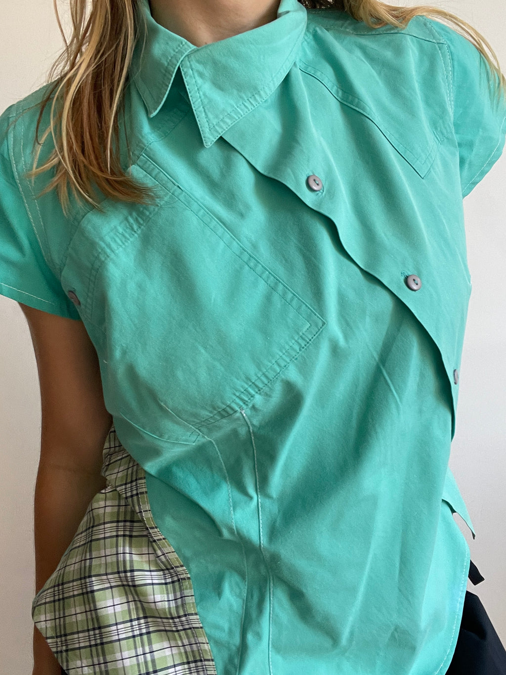 reworked mint patchwork asymmetrical blouse
