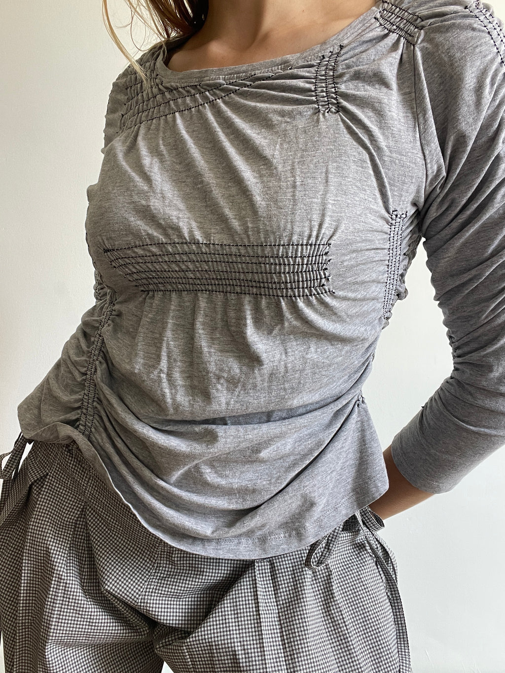 reworked 3/4 sleeve ruched slinky grey t shirt
