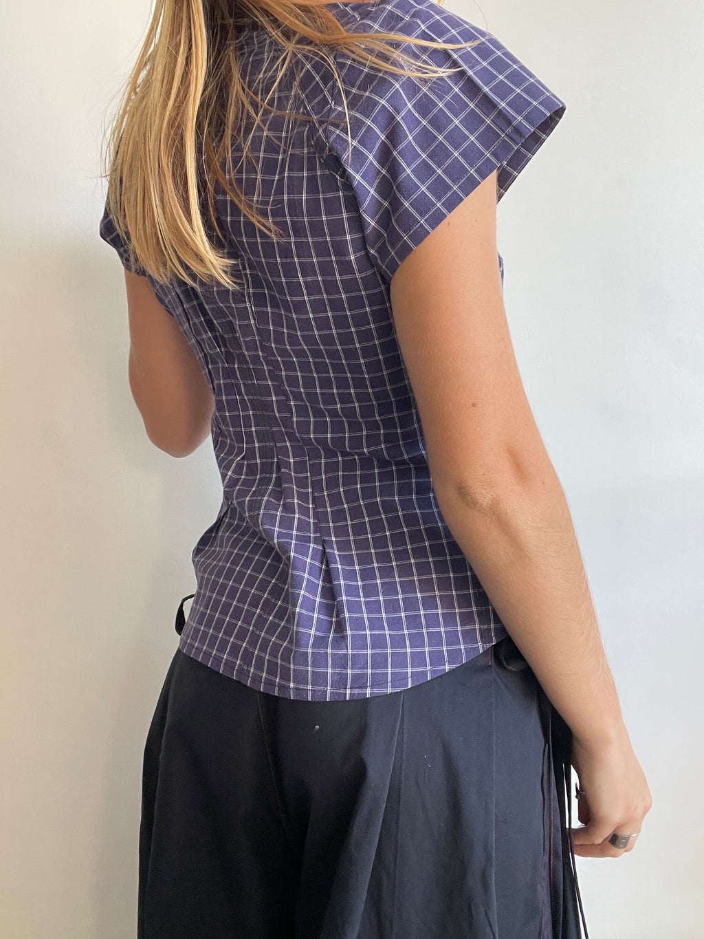 reworked blue grid check fitted blouse