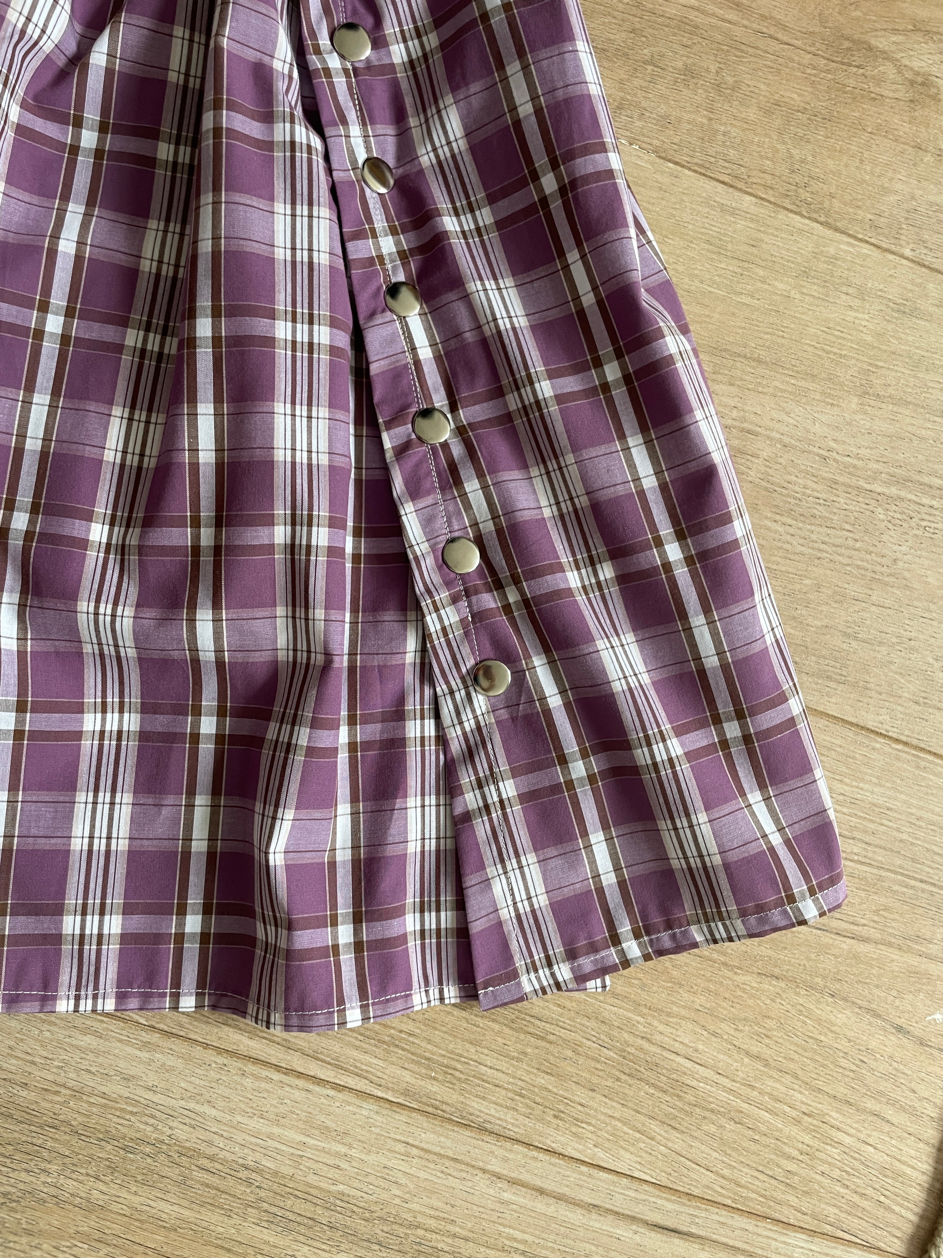 handmade metal popper button purple plaid gathered skirt