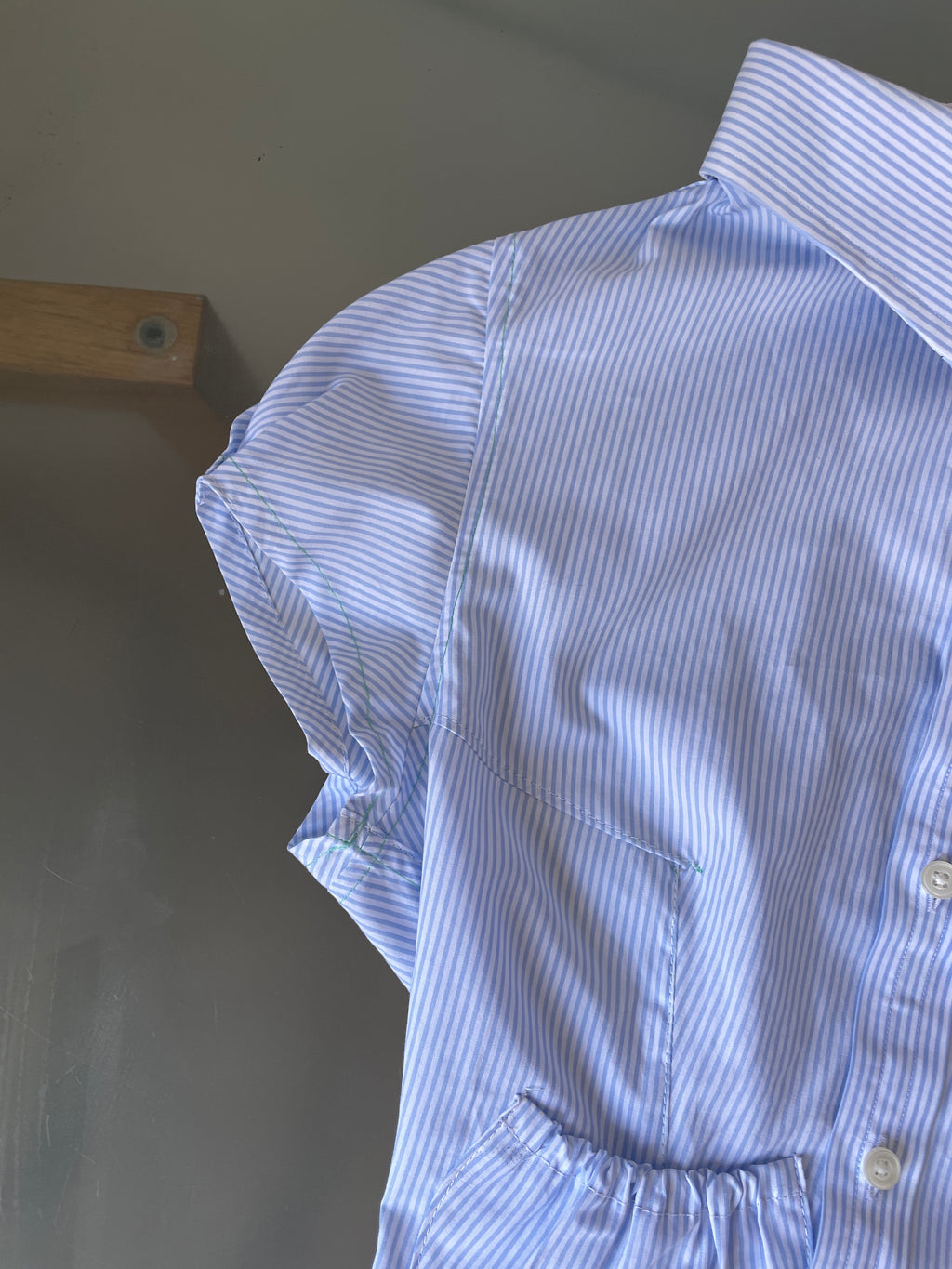reworked asymetrical baby blue pinstripe pocket collar shirt