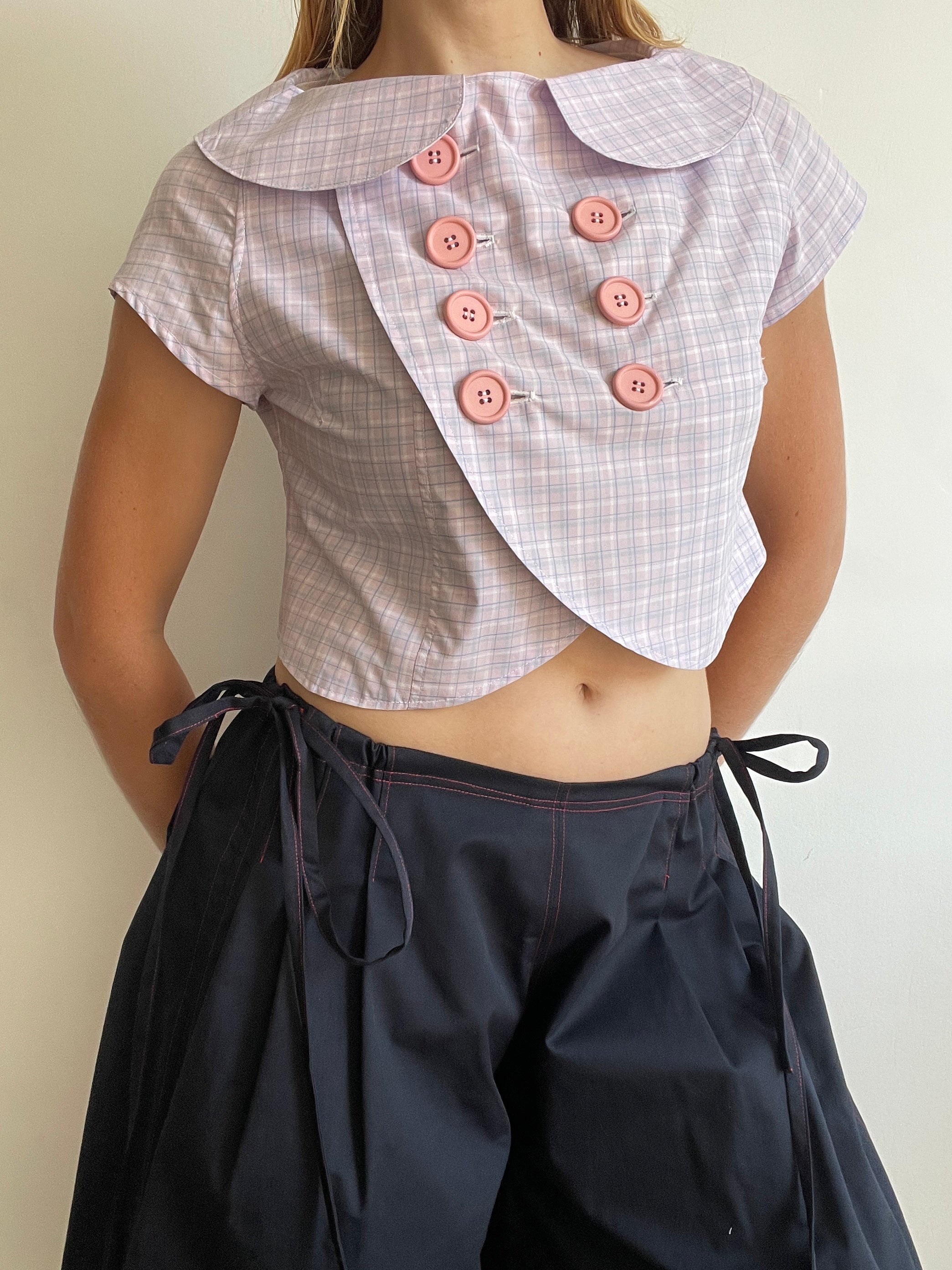 cute purple tartan double breast crop petit coat