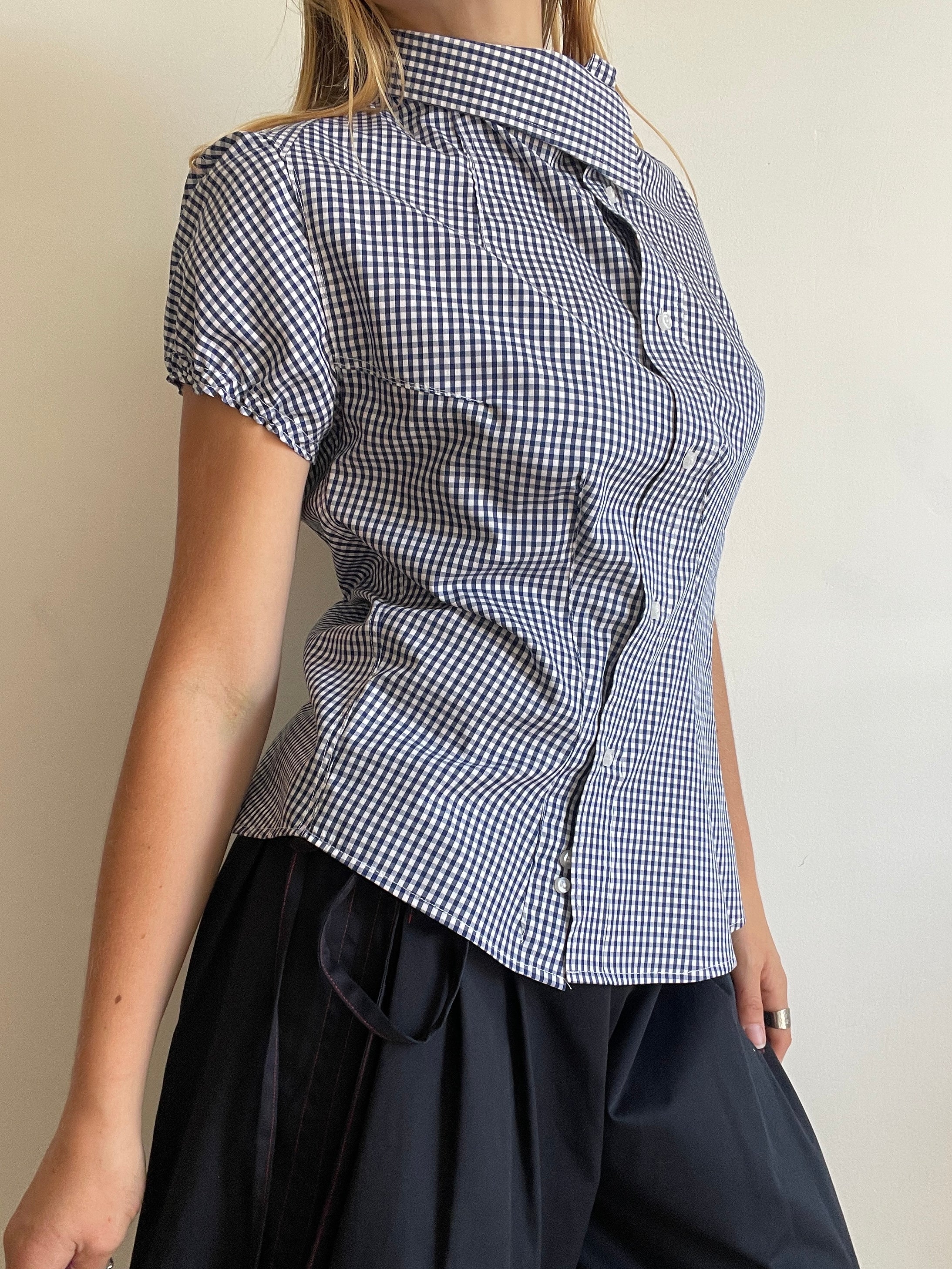 reworked asymetrical blue white gingham button up shirt