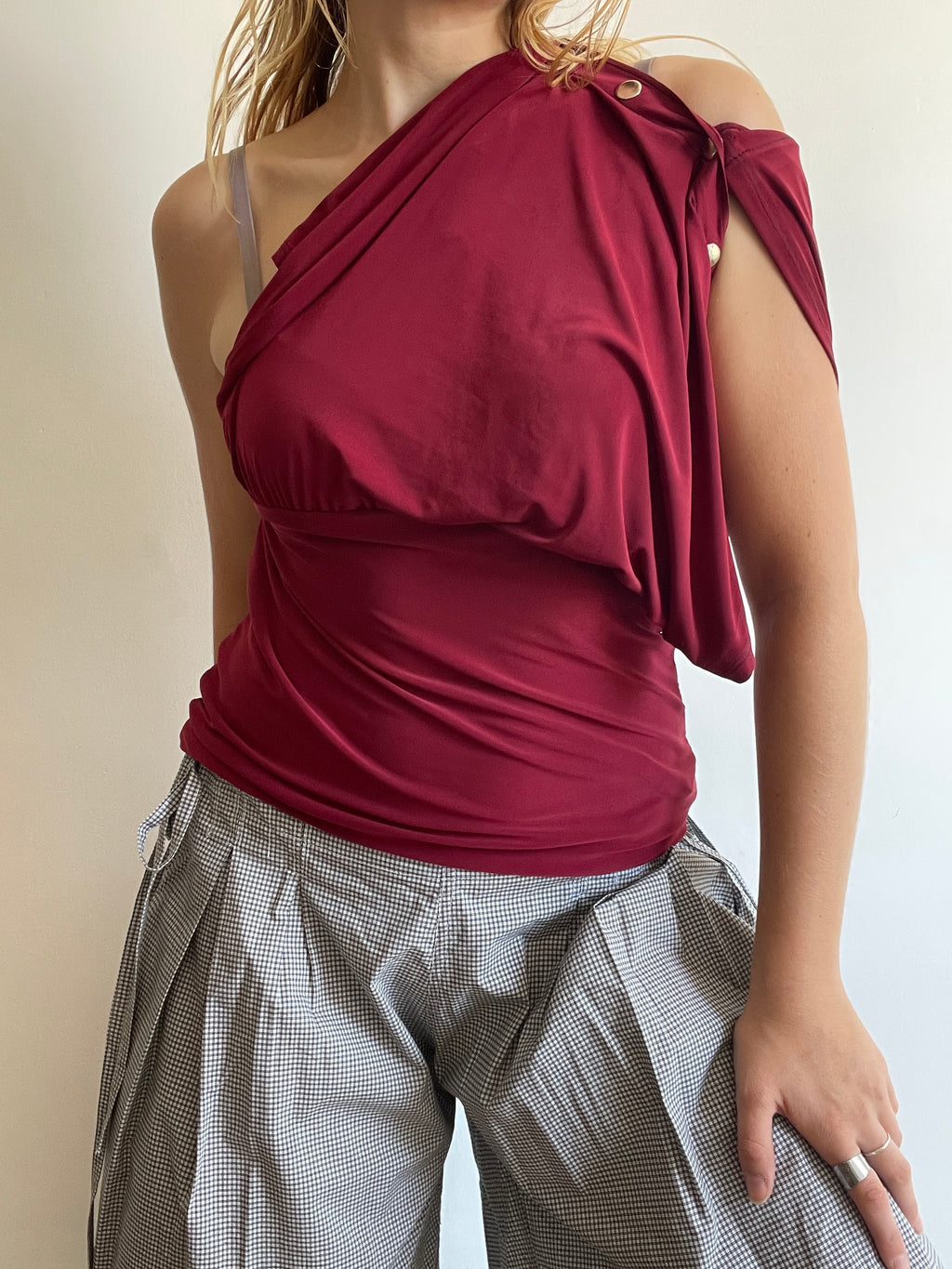 handmade wine red silver popper off shoulder multiwear top