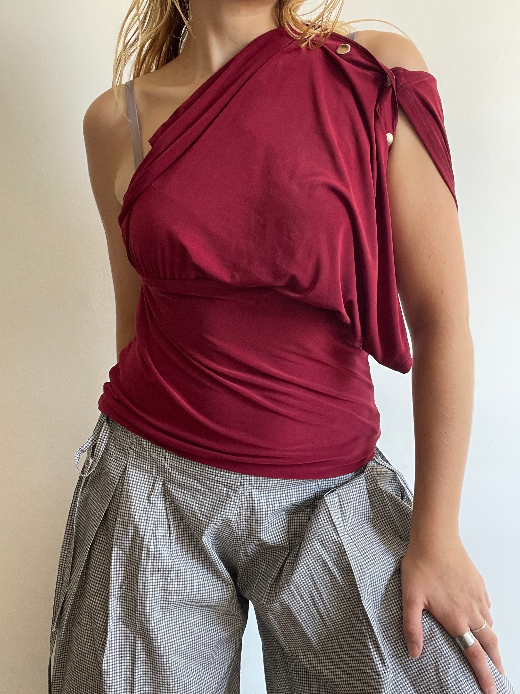 handmade wine red silver popper off shoulder multiwear top