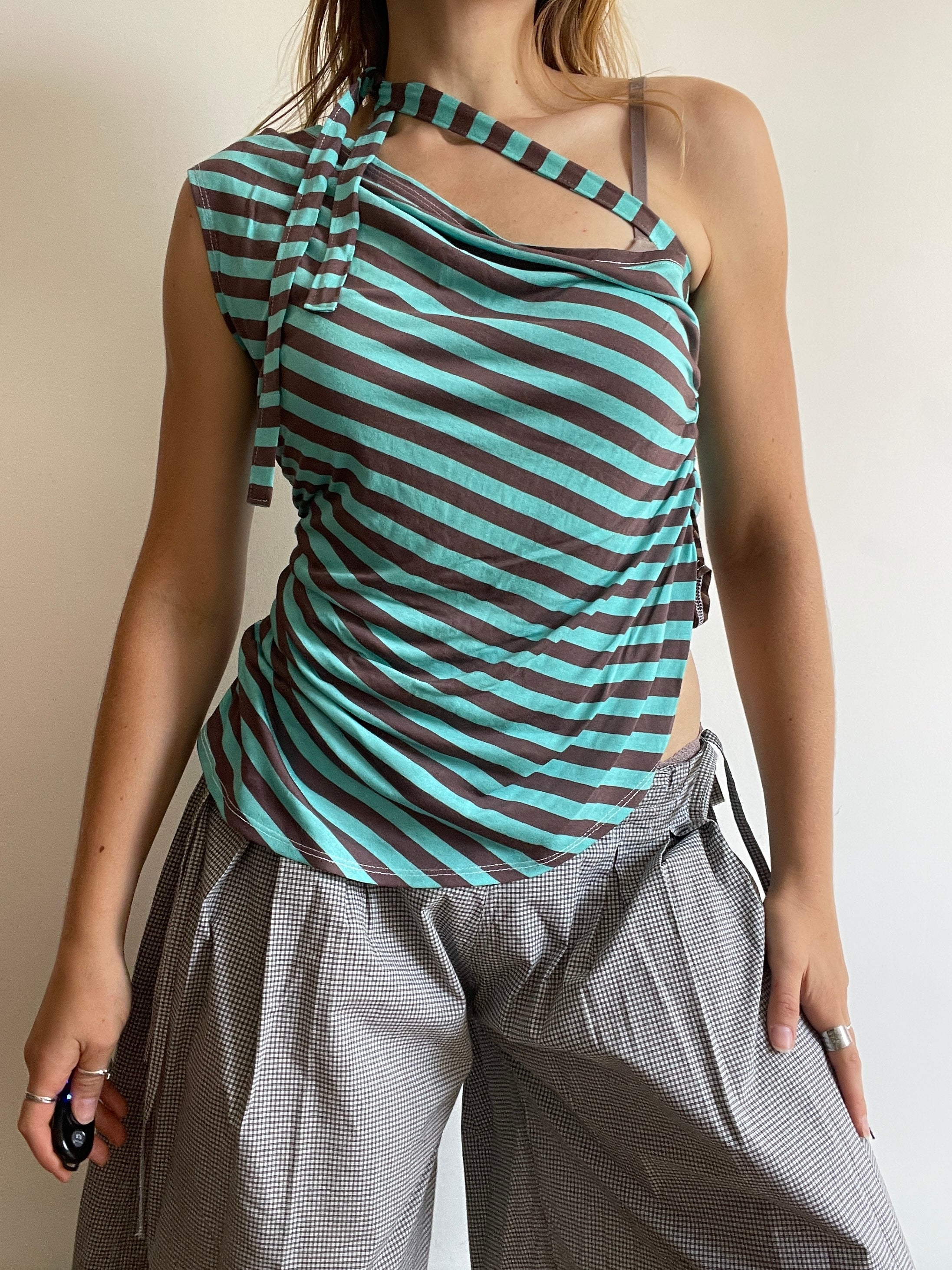 handmade mint brown stripe one shoulder tie top