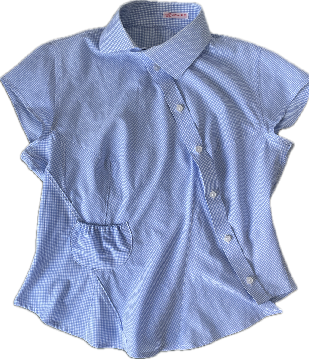 reworked asymetrical baby blue gingham pocket collar shirt