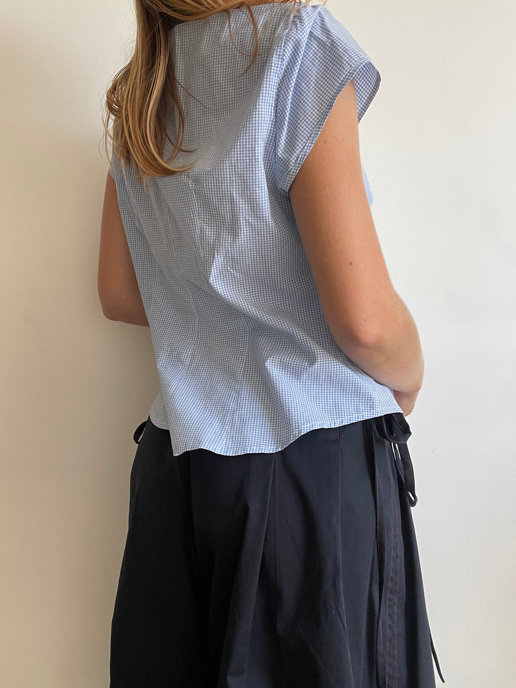 reworked asymetrical baby blue gingham pocket collar shirt