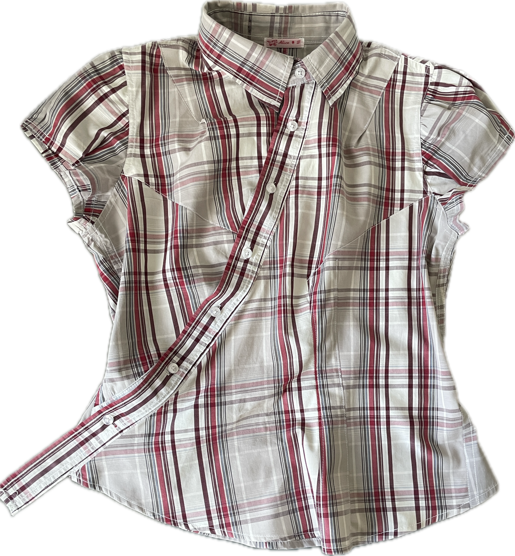 reworked asymetrical red beige checkered shirt