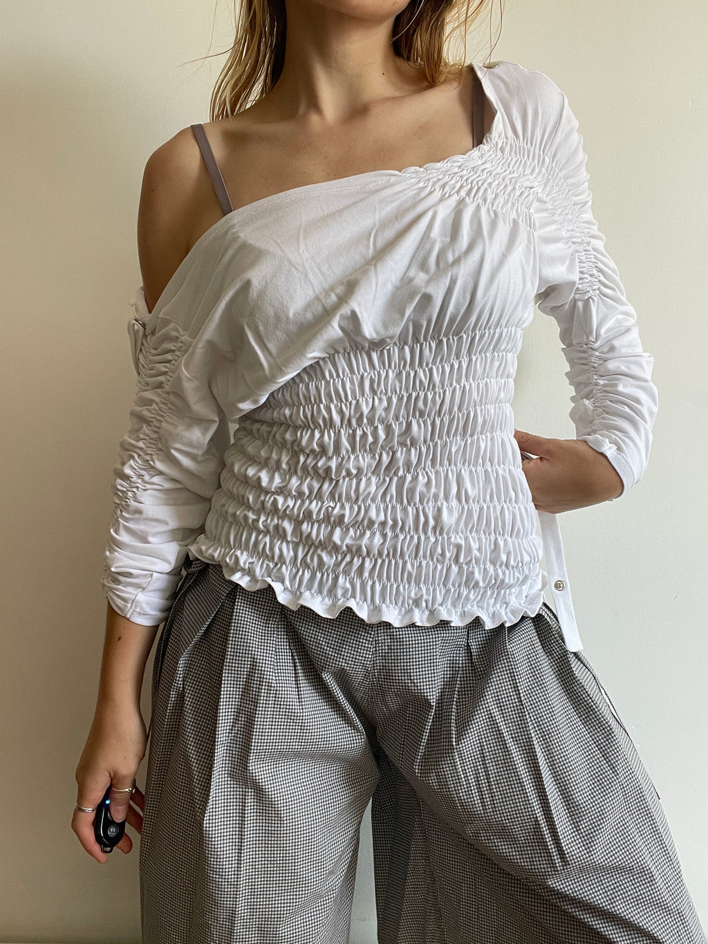 handmade ruched bubble off the shoulder top with neck tie