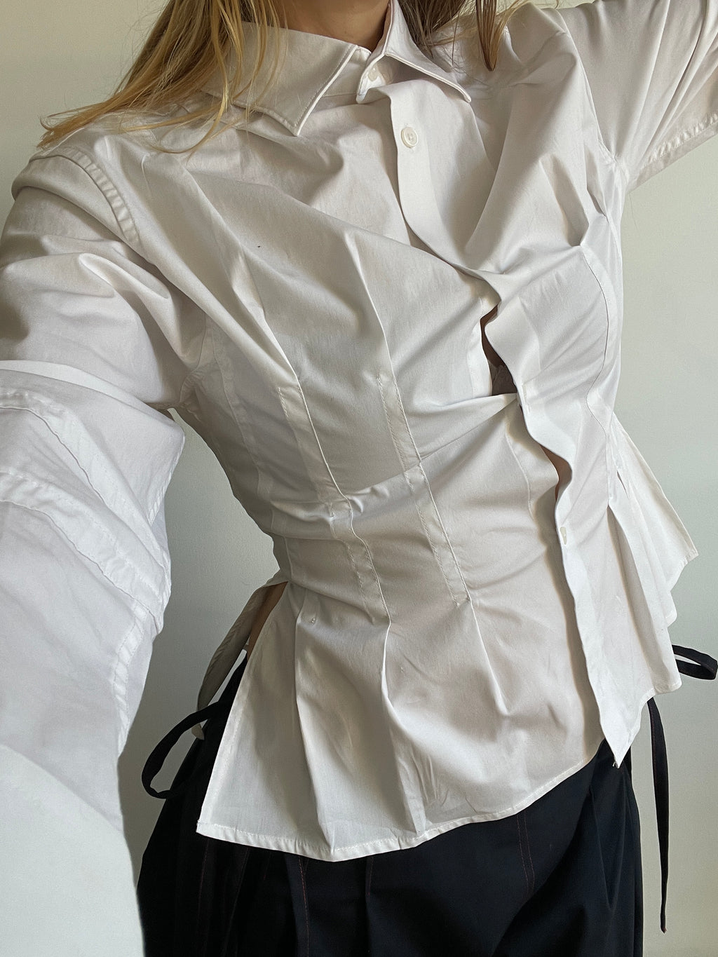 reworked white office pleated long sleeve shirt