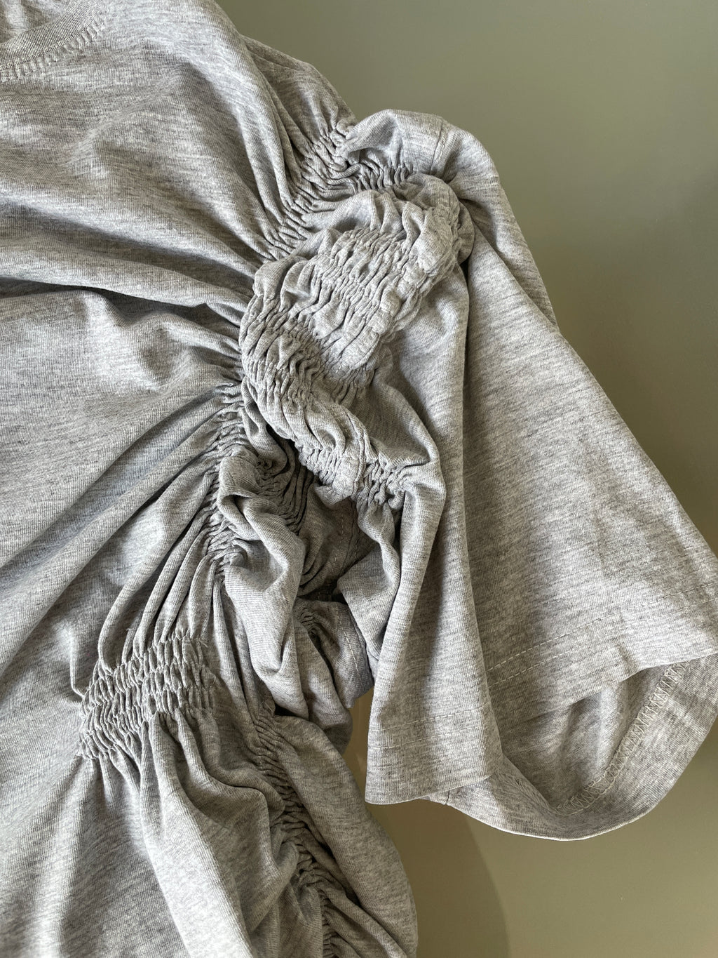 reworked grey tee with ruched slinky gathered details
