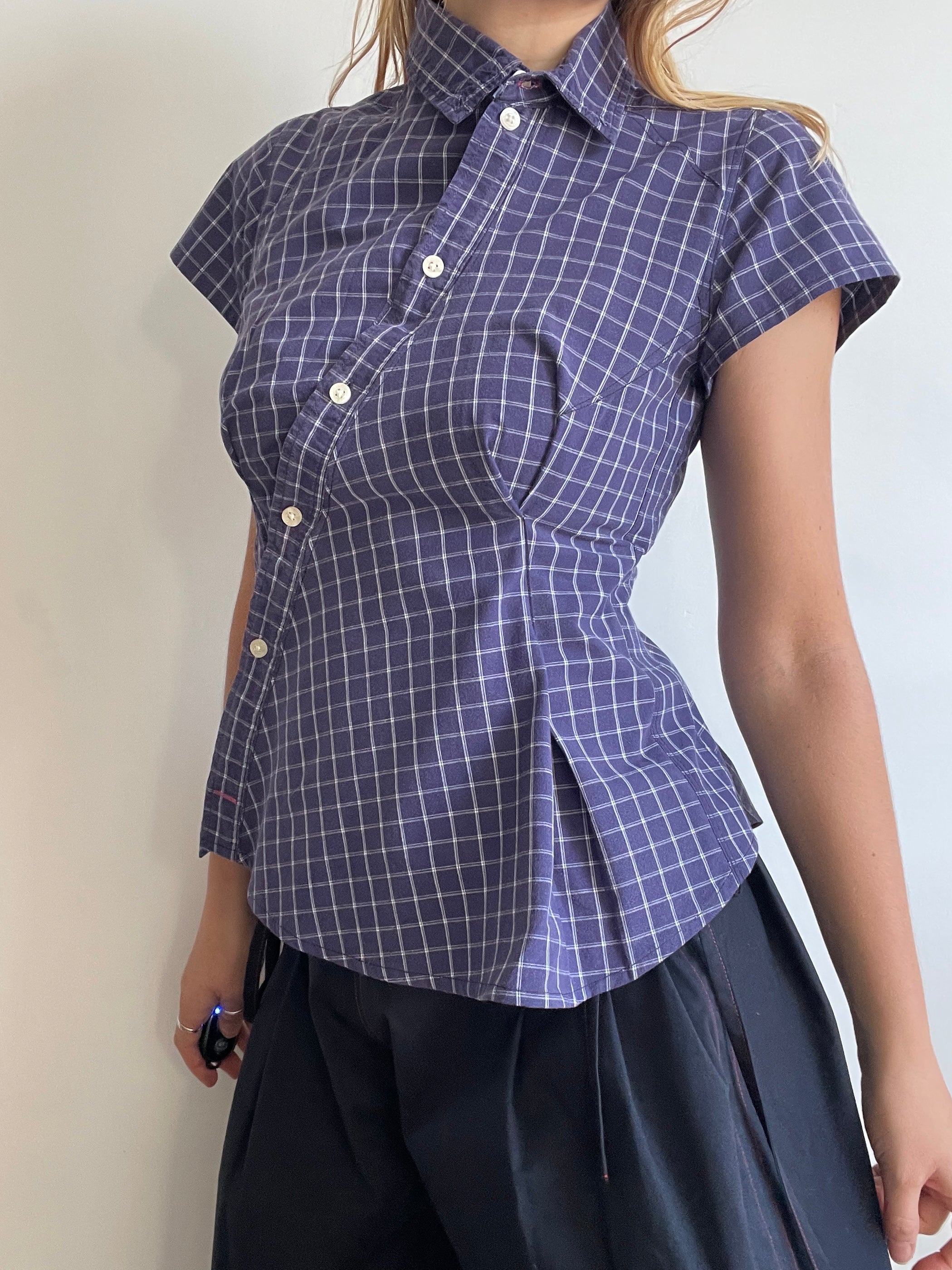 reworked blue grid check fitted blouse