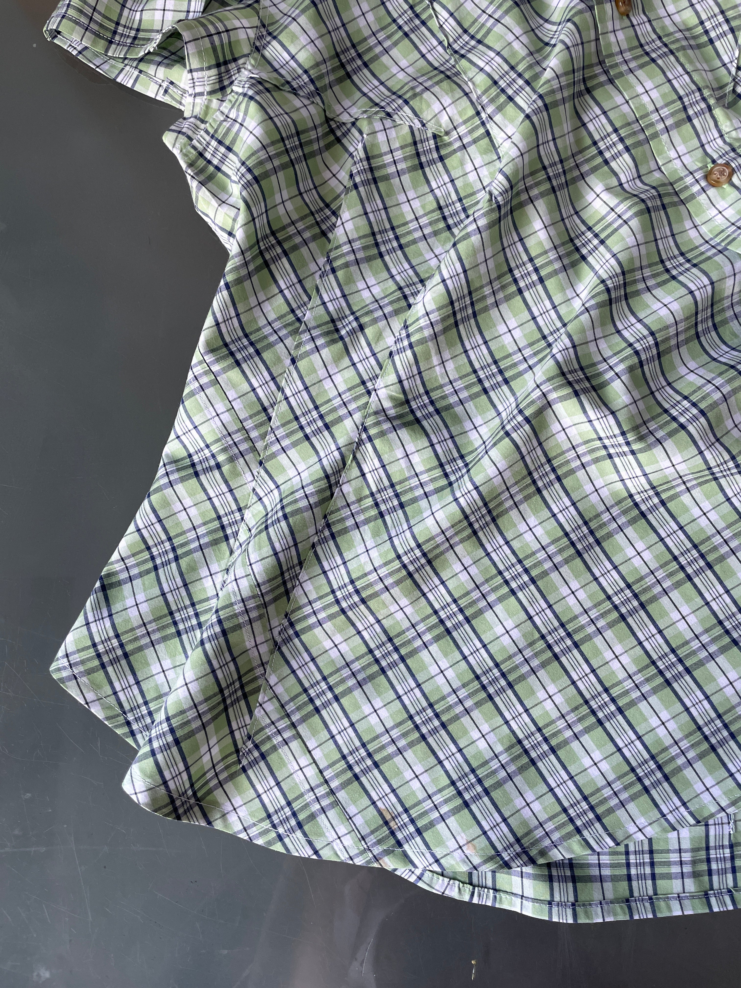 reworked green beige check puffed sleeve fitted blouse