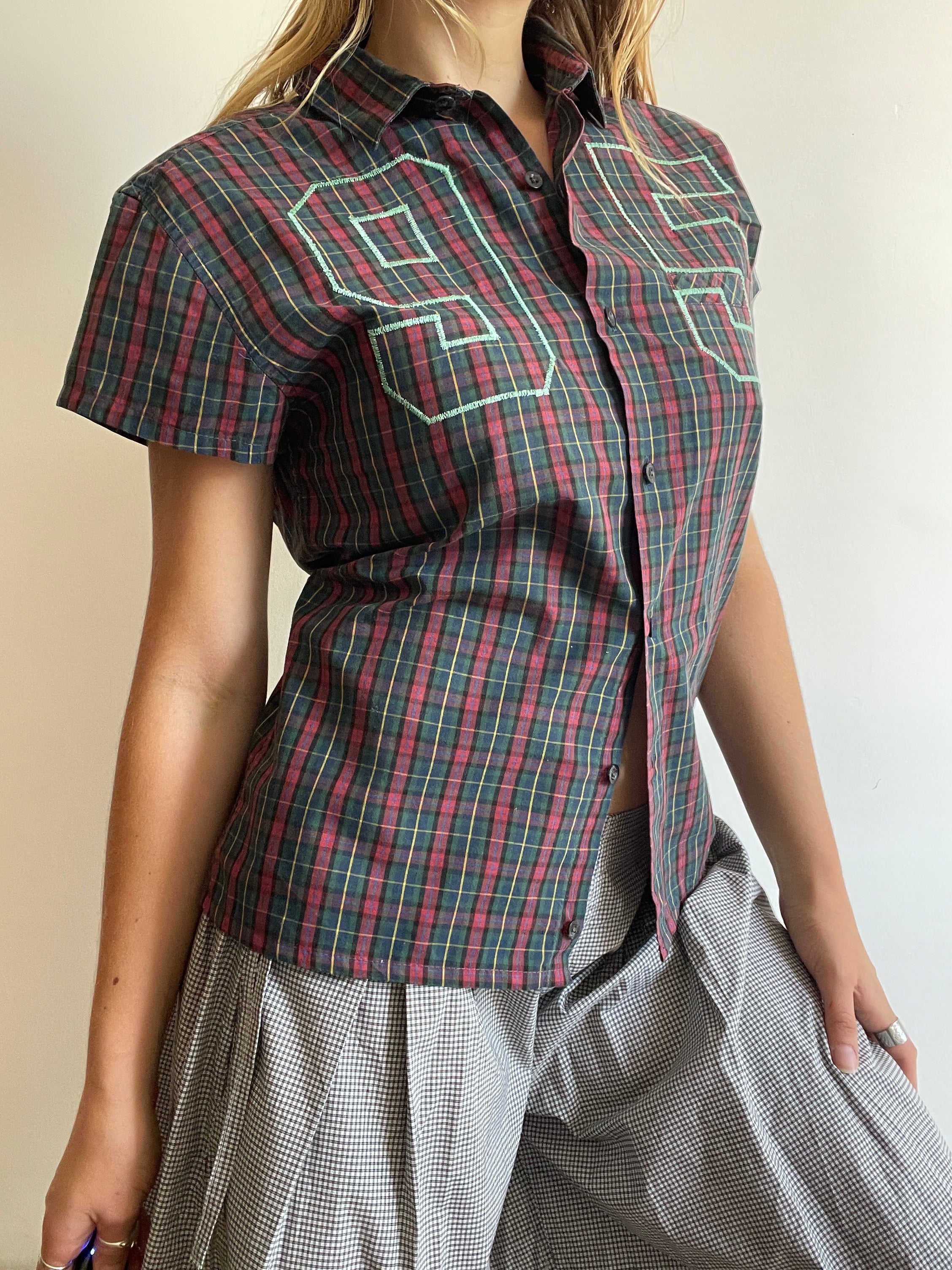 reworked sports number embroidered tartan shirt