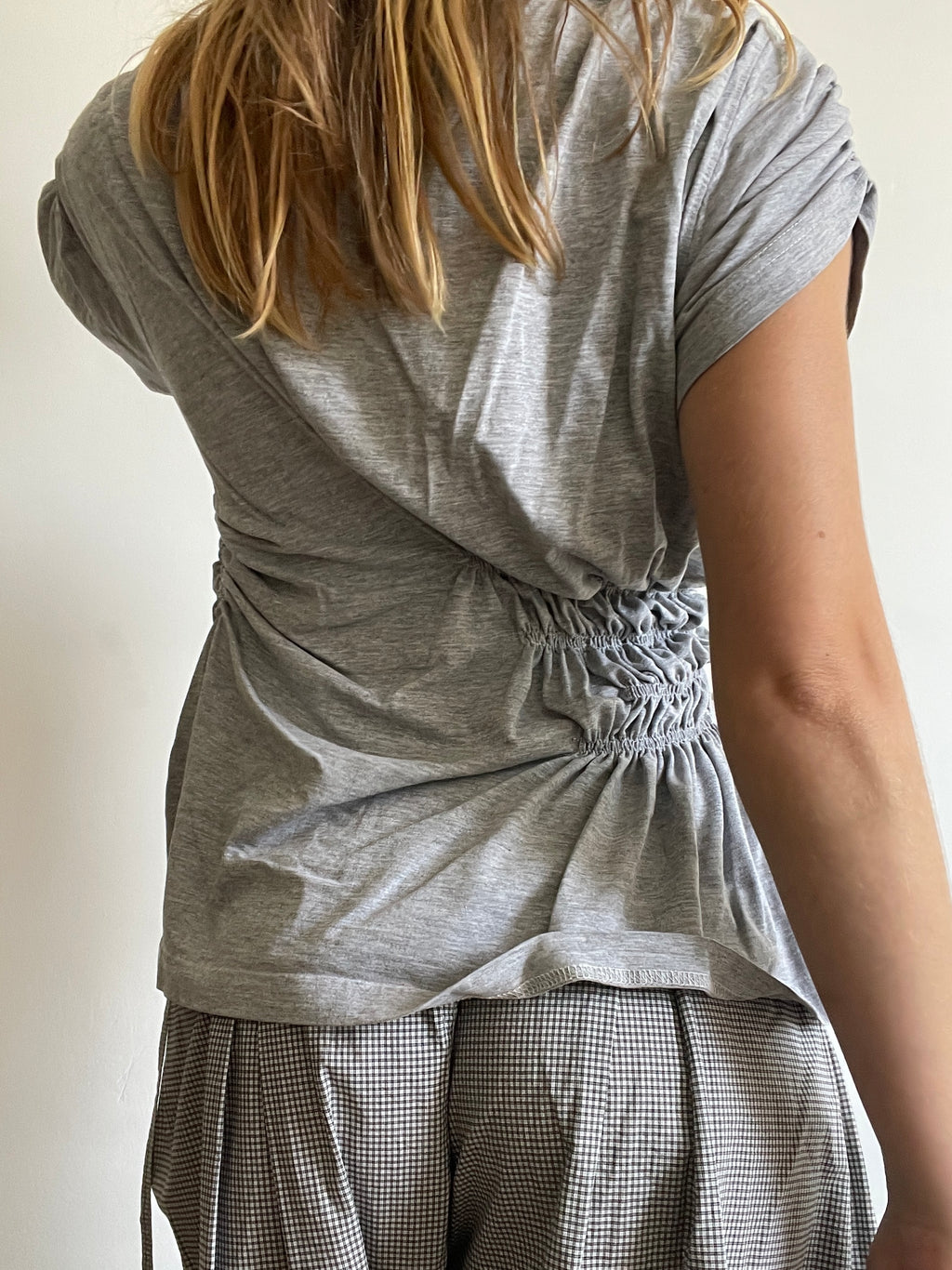 reworked grey tee with ruched slinky gathered details