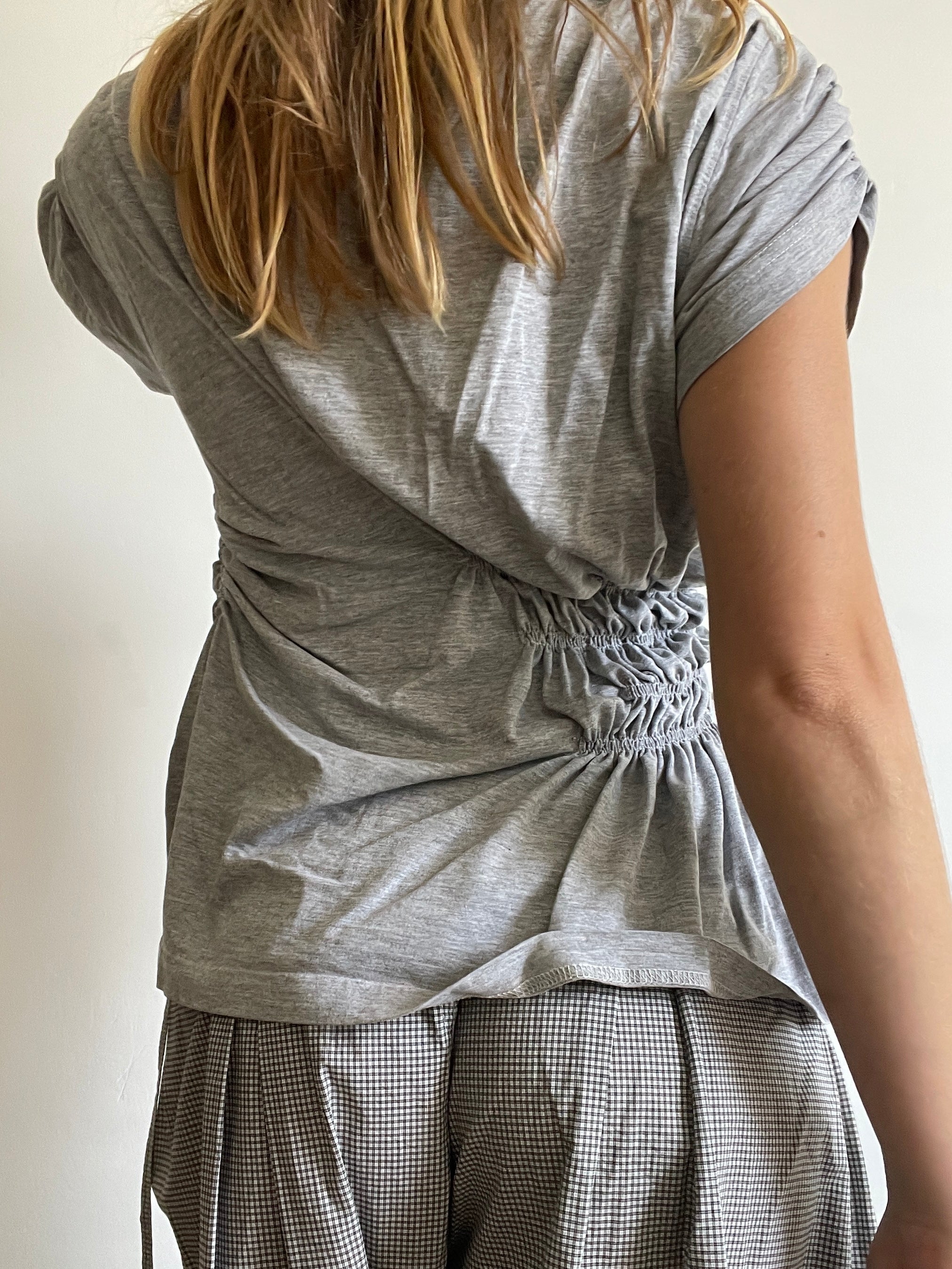 reworked grey tee with ruched slinky gathered details