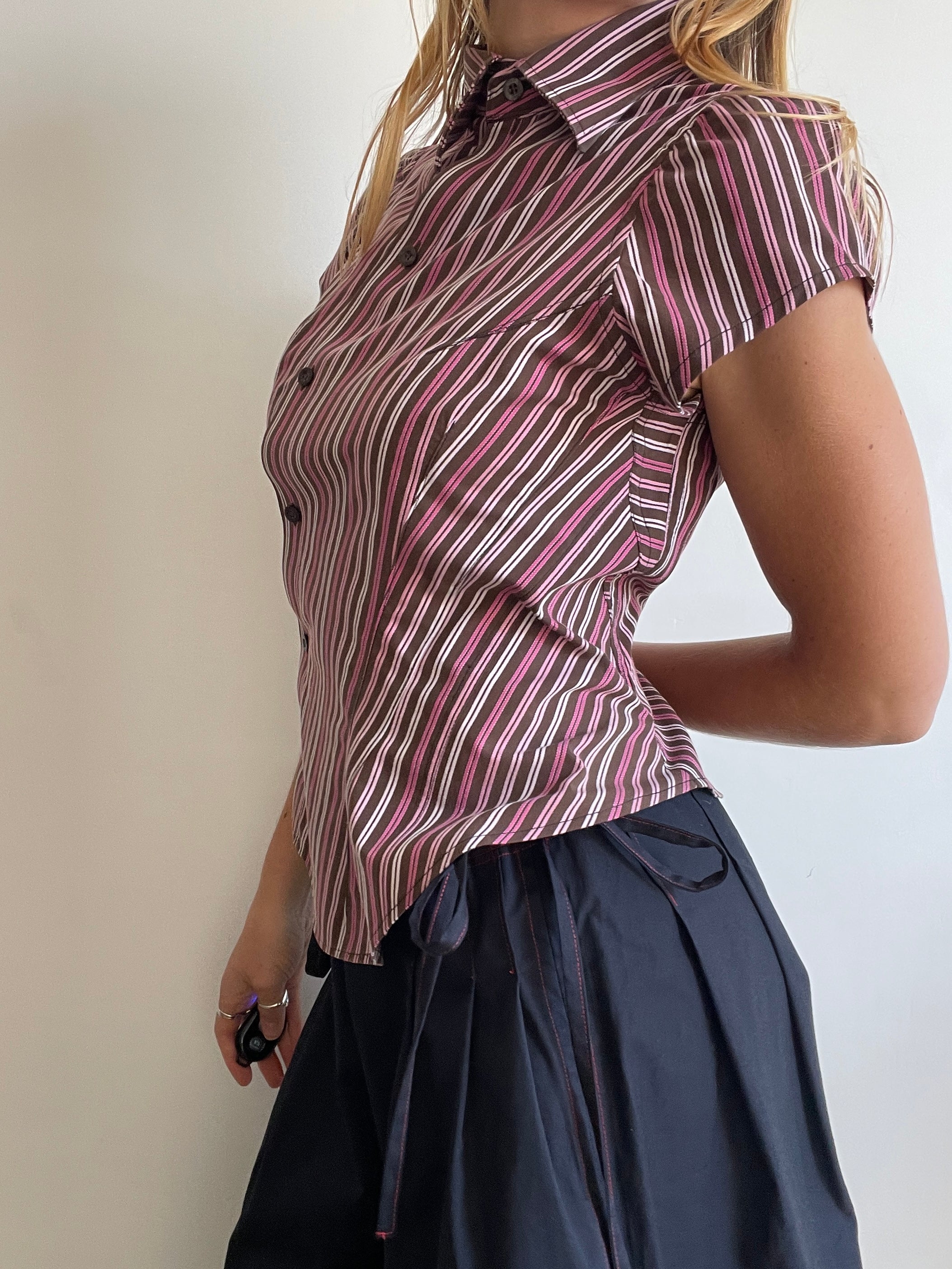 reworked asymetrical button up striped fitted shirt