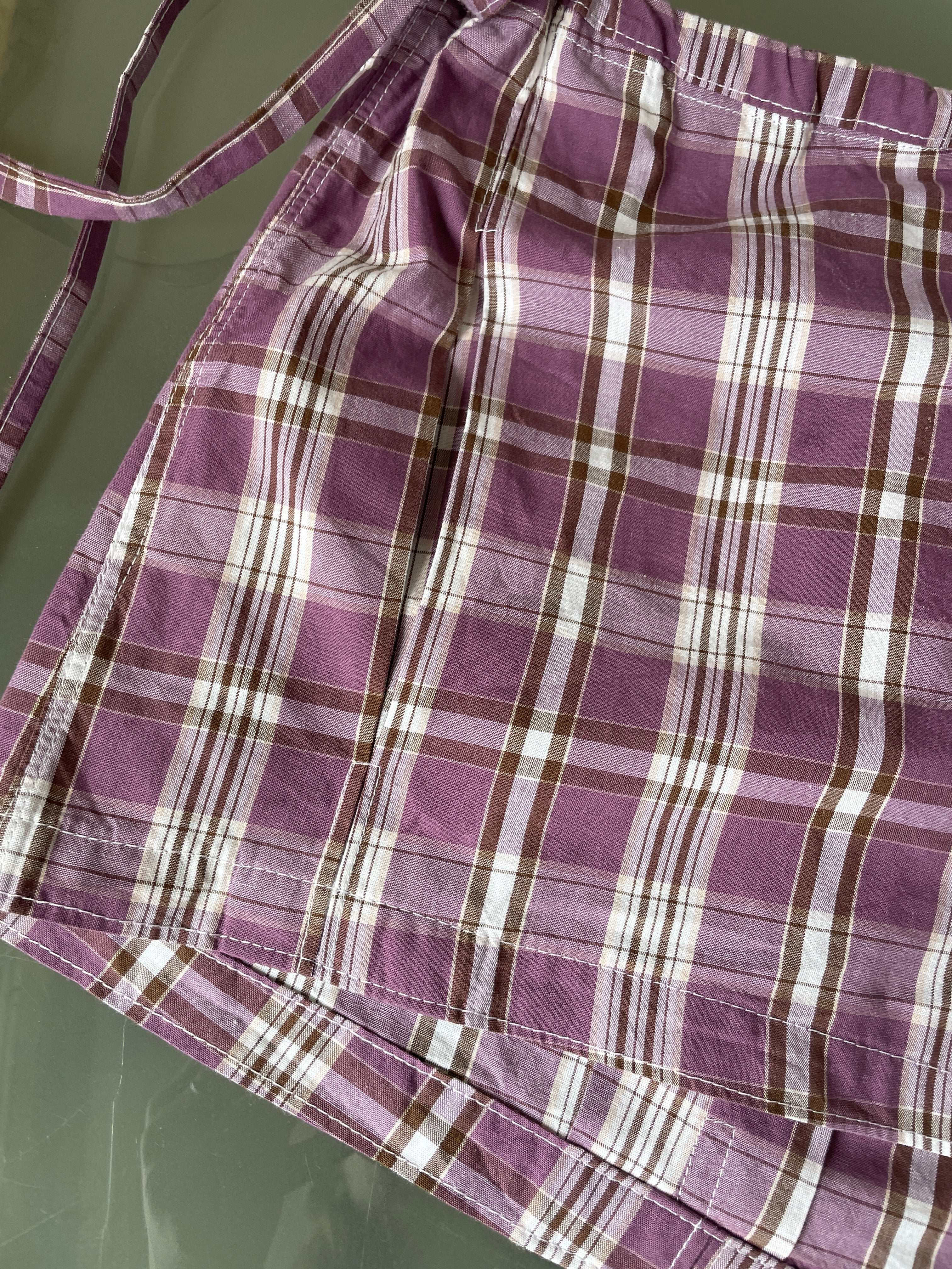 handmade tartan shorts with ties in vintage purple check fabric
