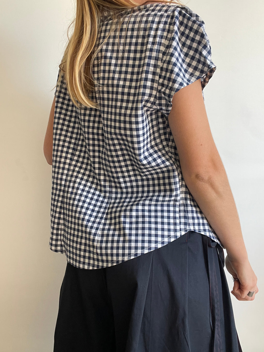 reworked asymetrical blue gingham fitted shirt