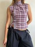 handmade purple tartan silver button up tank top