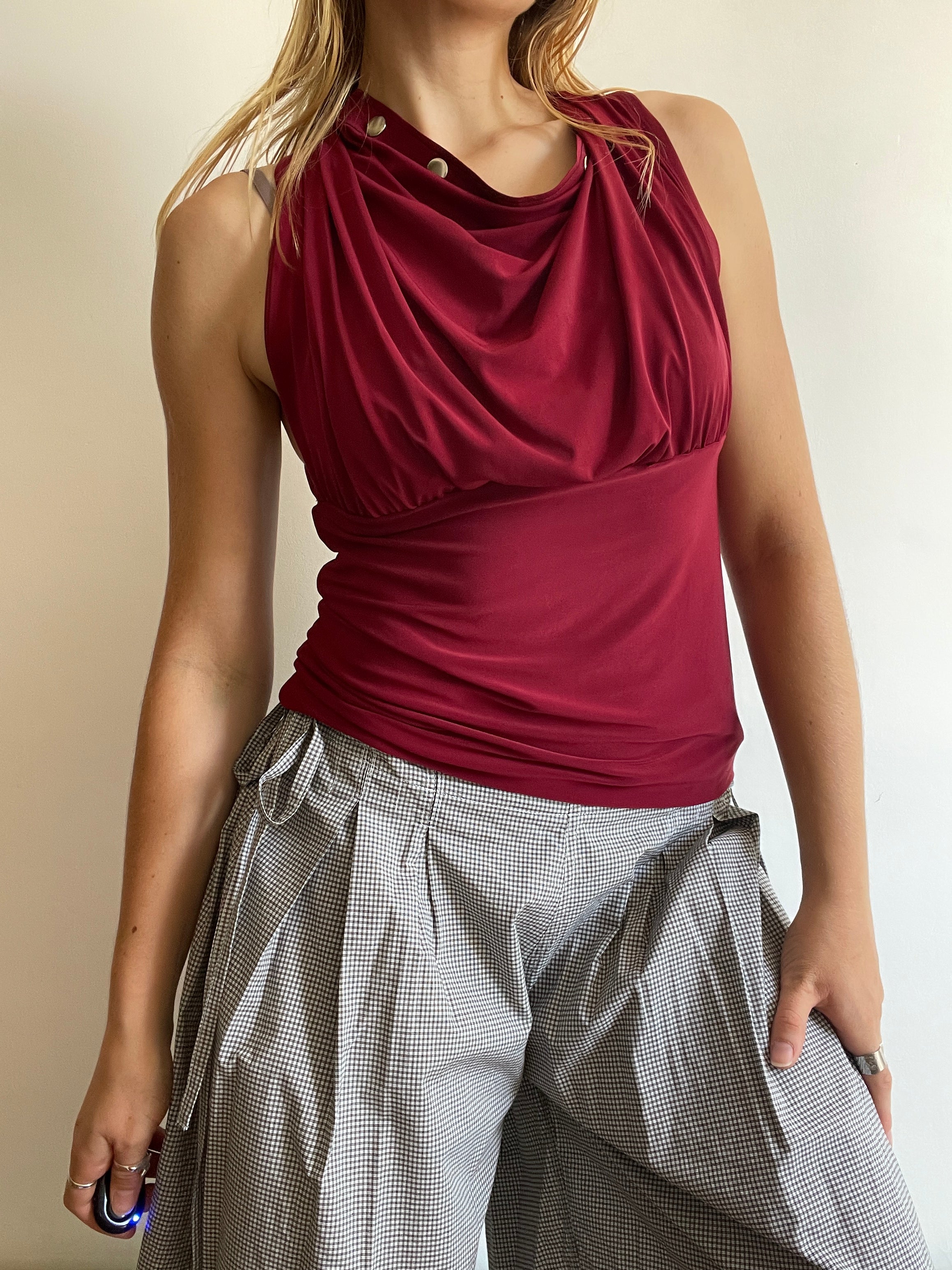 handmade wine red silver popper off shoulder multiwear top