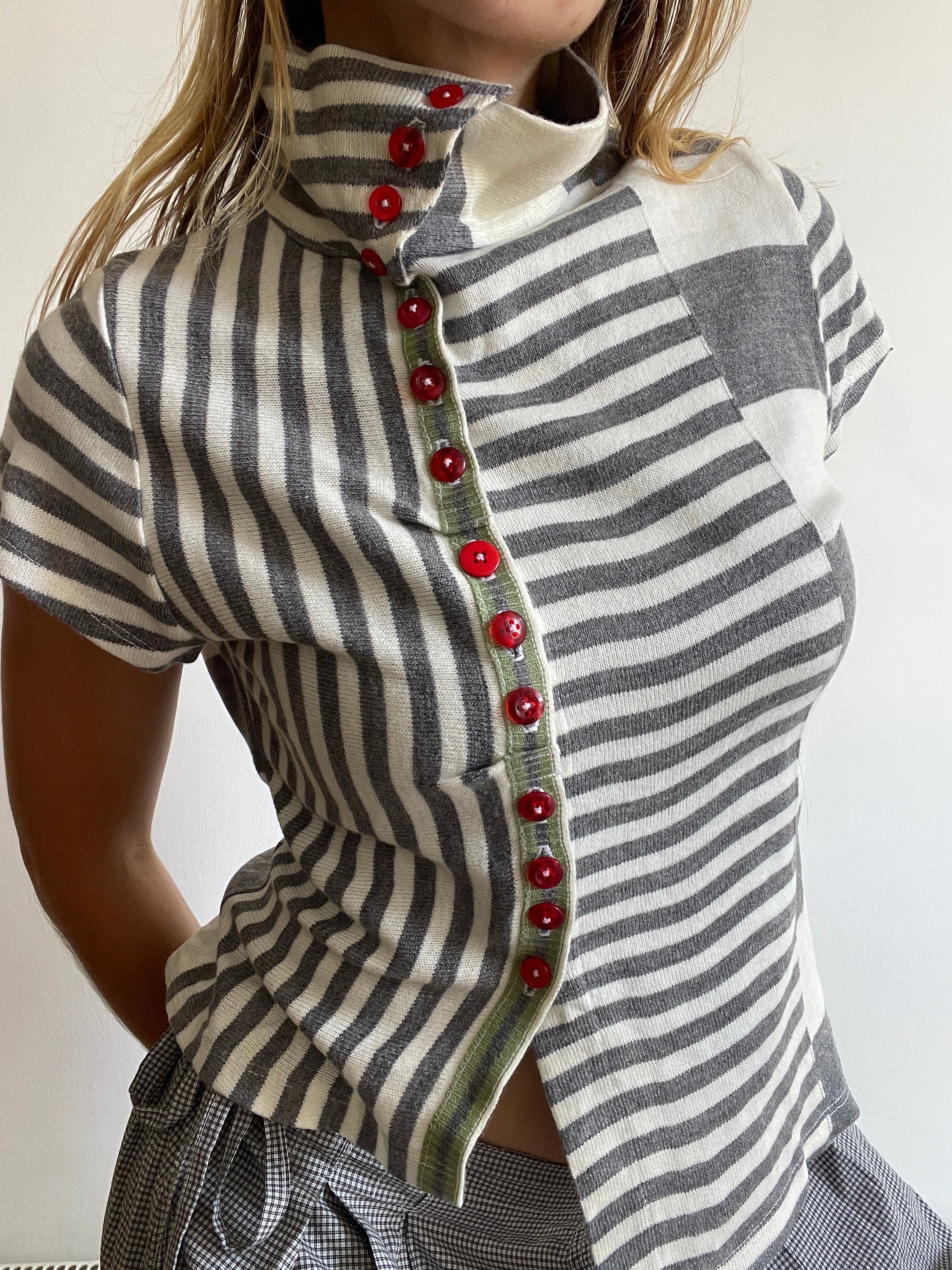 handmade contrast stripe red button up short sleeve cardigan