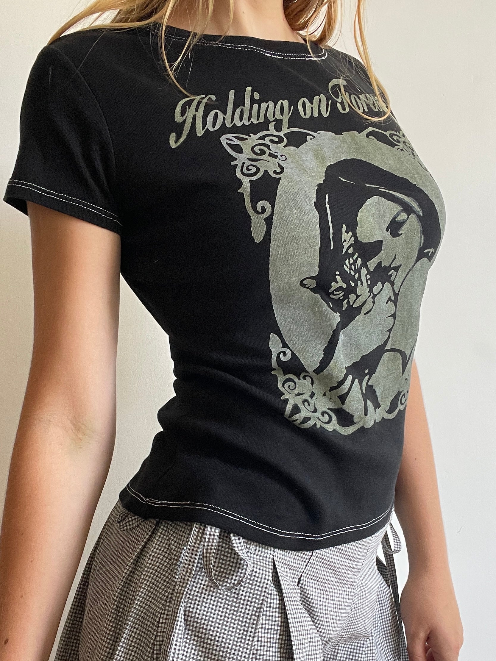 handmade holding on forever silver screenprint baby tee