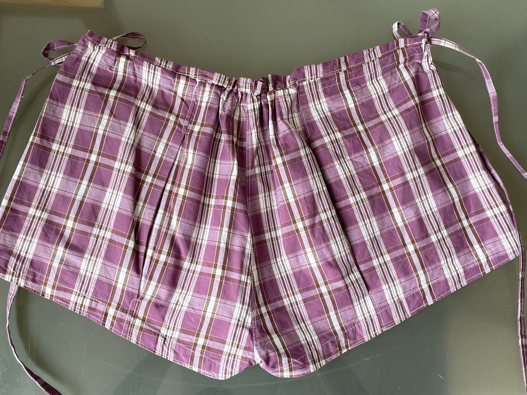 handmade tartan shorts with ties in vintage purple check fabric