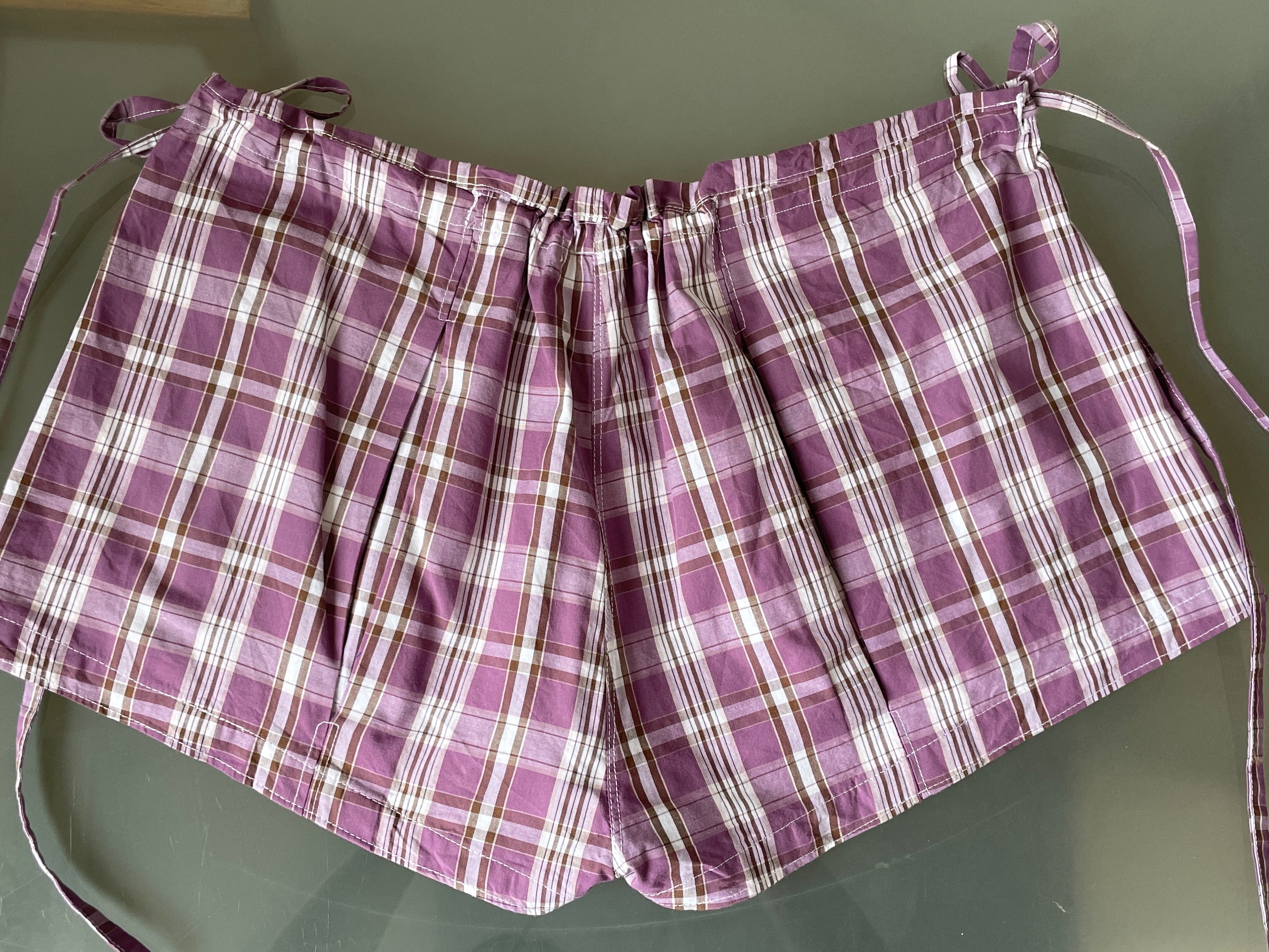 handmade tartan shorts with ties in vintage purple check fabric