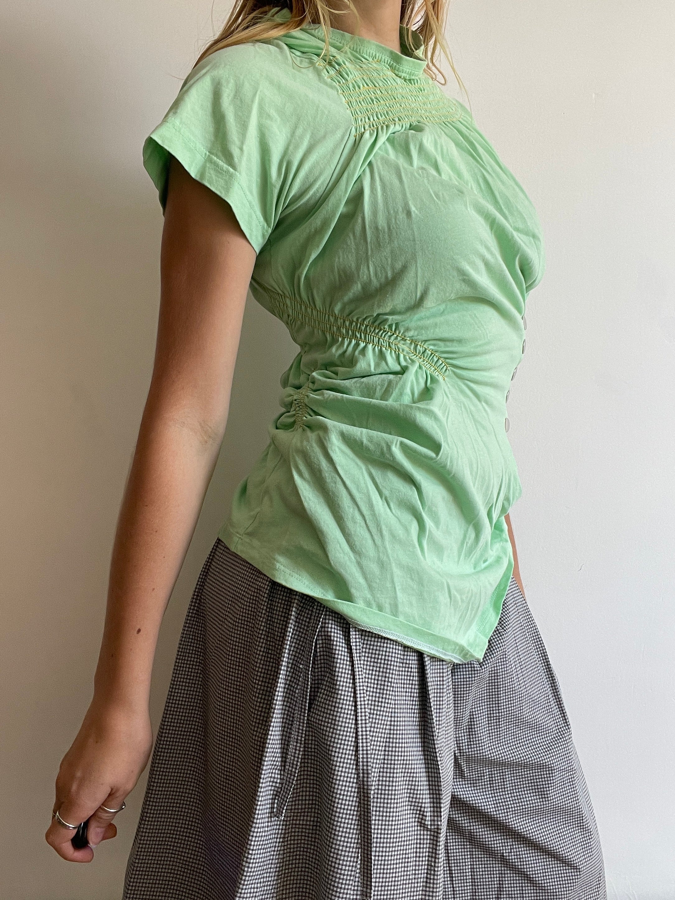 reworked mint green ruched snapper button slinky tee