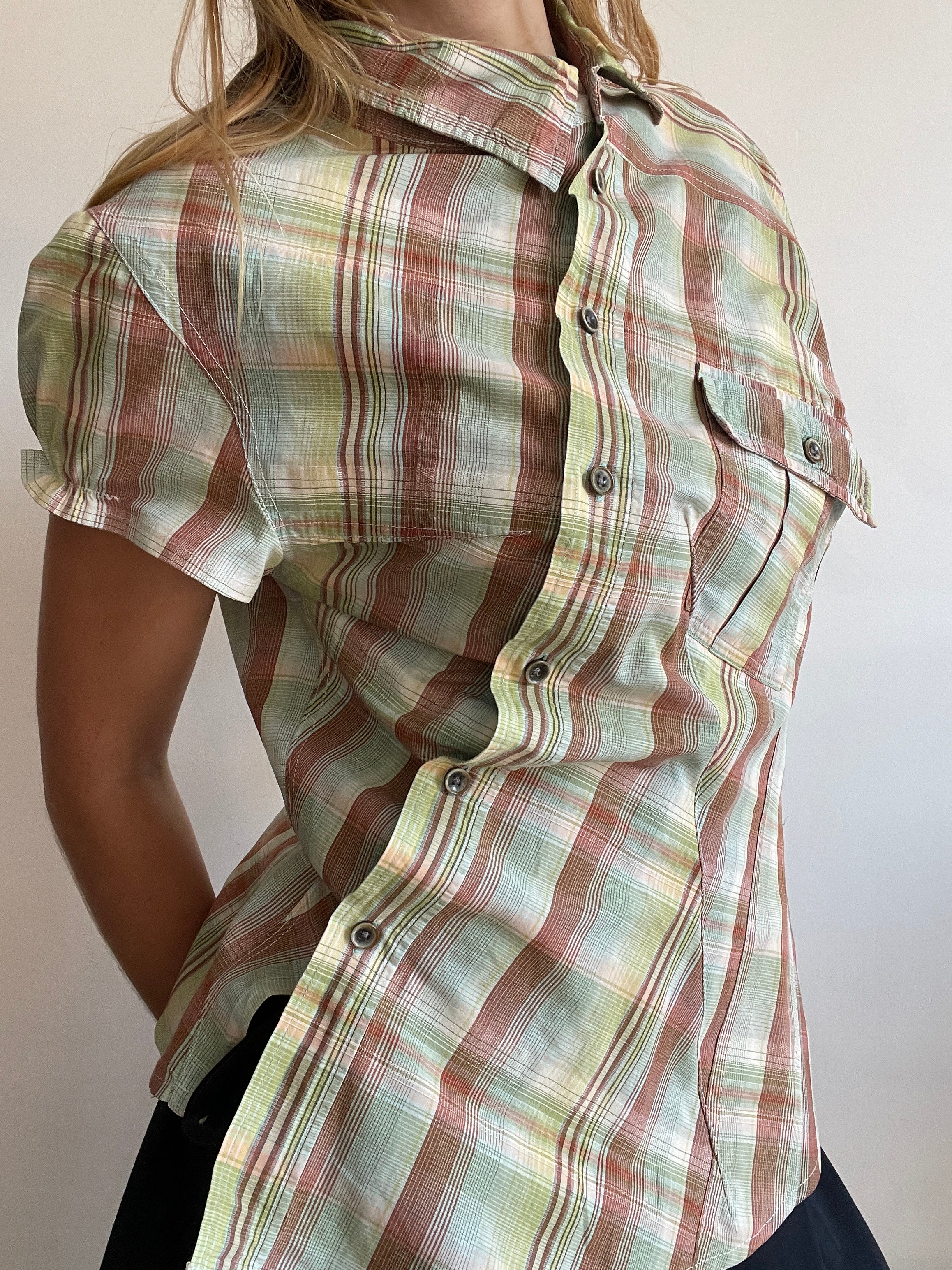 reworked pastel button up asymetrical shirt
