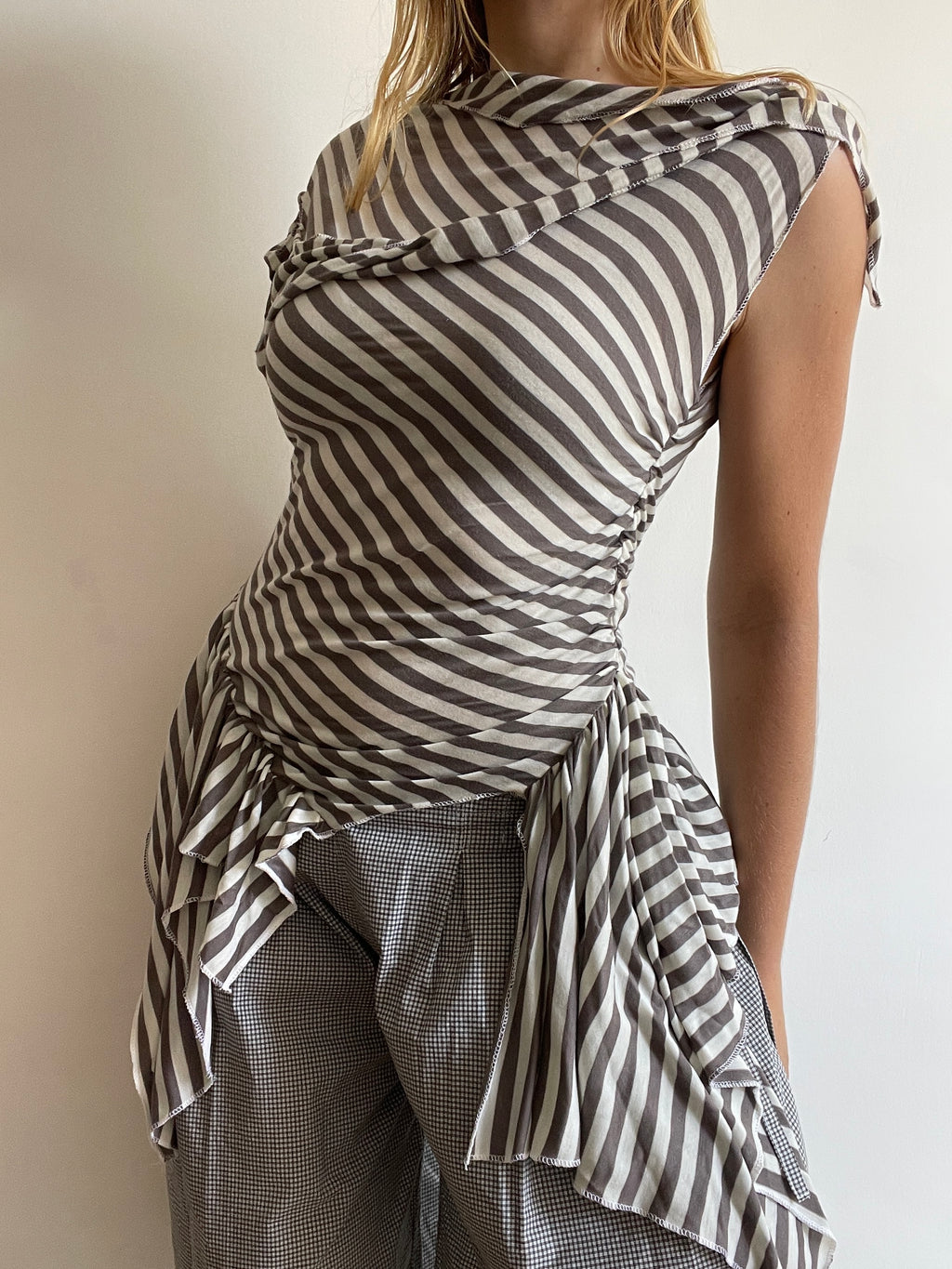handmade asymmetrical pixie striped off the shoulder long fitted tunic top