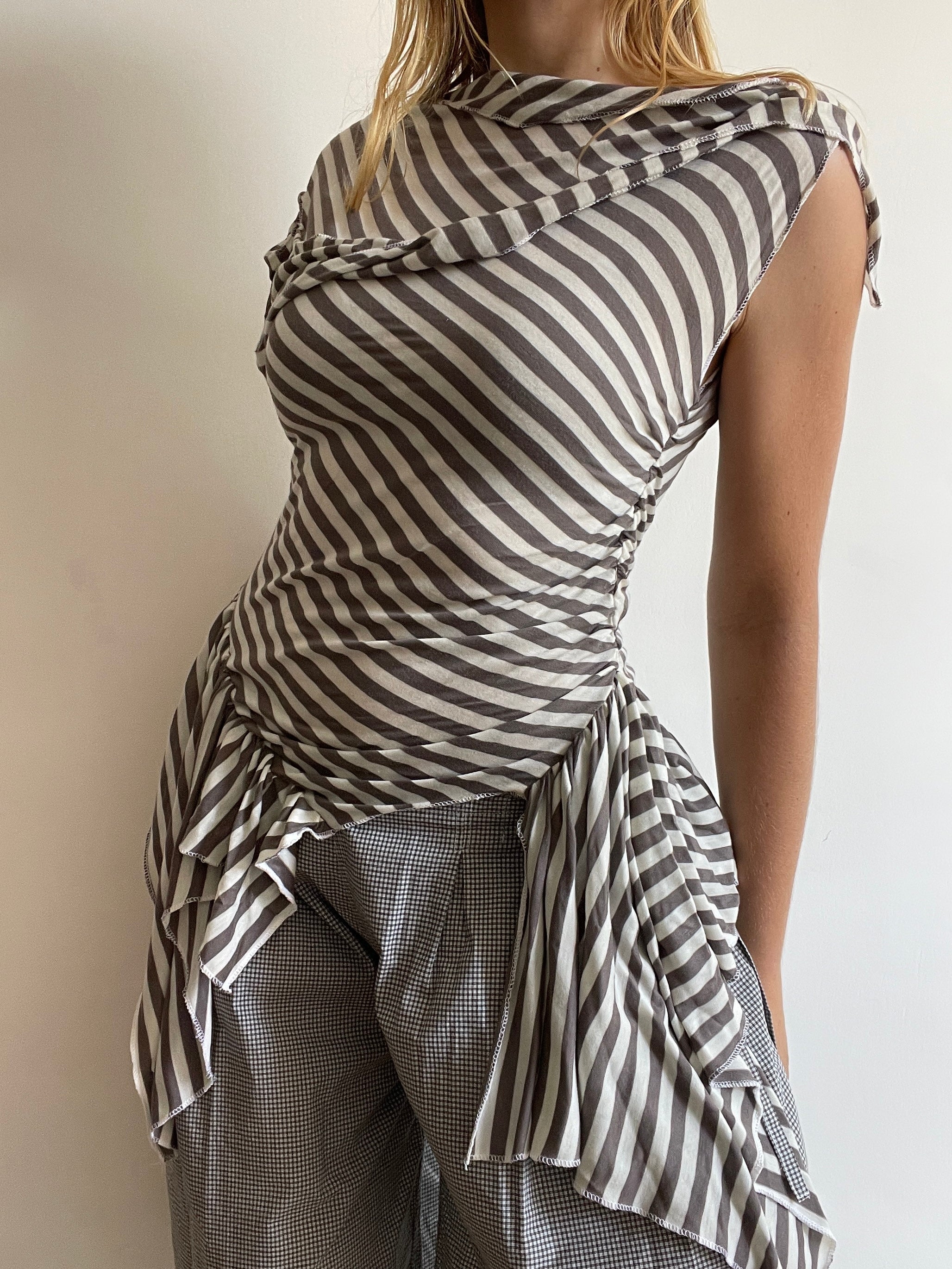 handmade asymmetrical pixie striped off the shoulder long fitted tunic top
