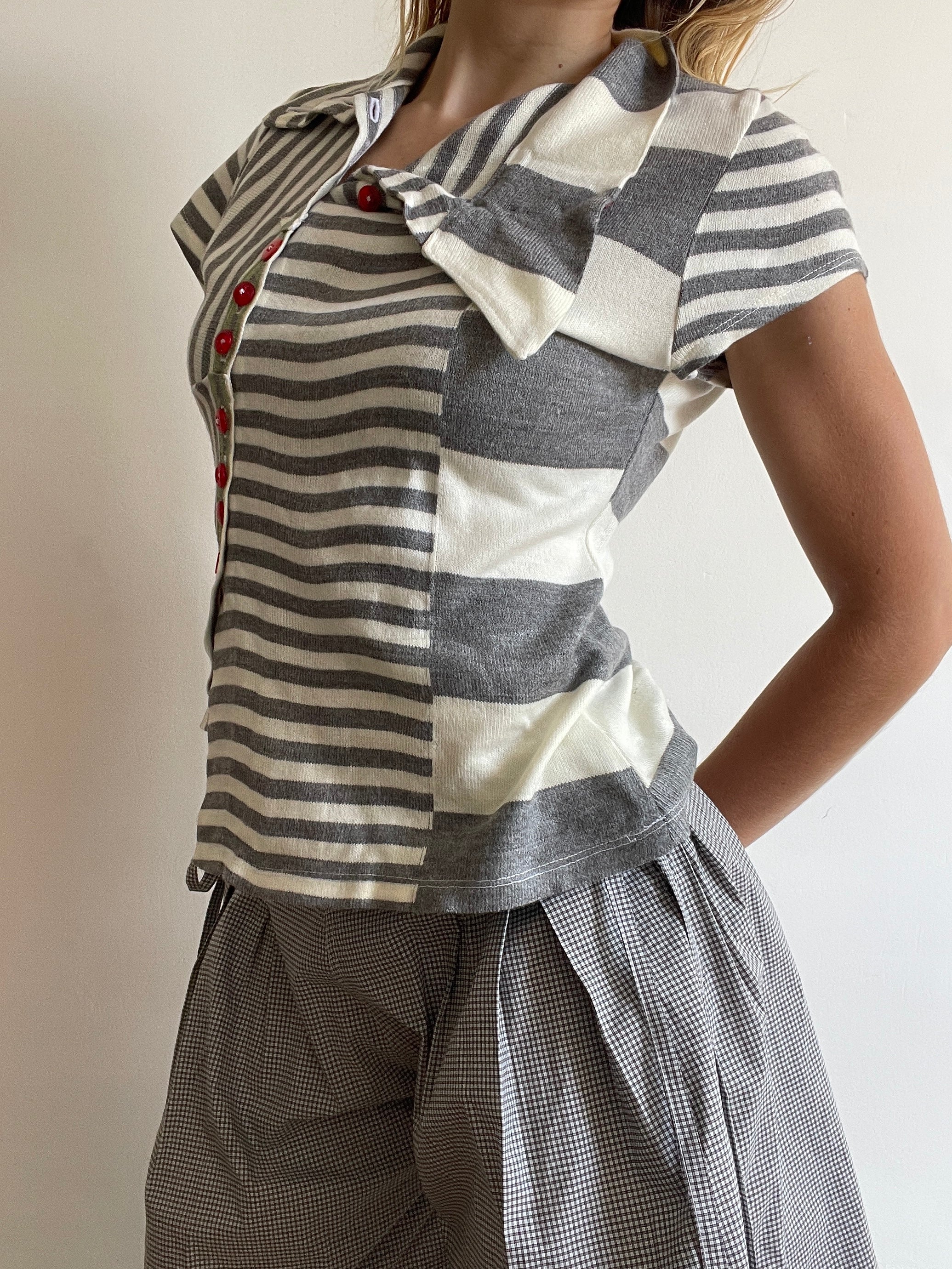 handmade contrast stripe red button up short sleeve cardigan