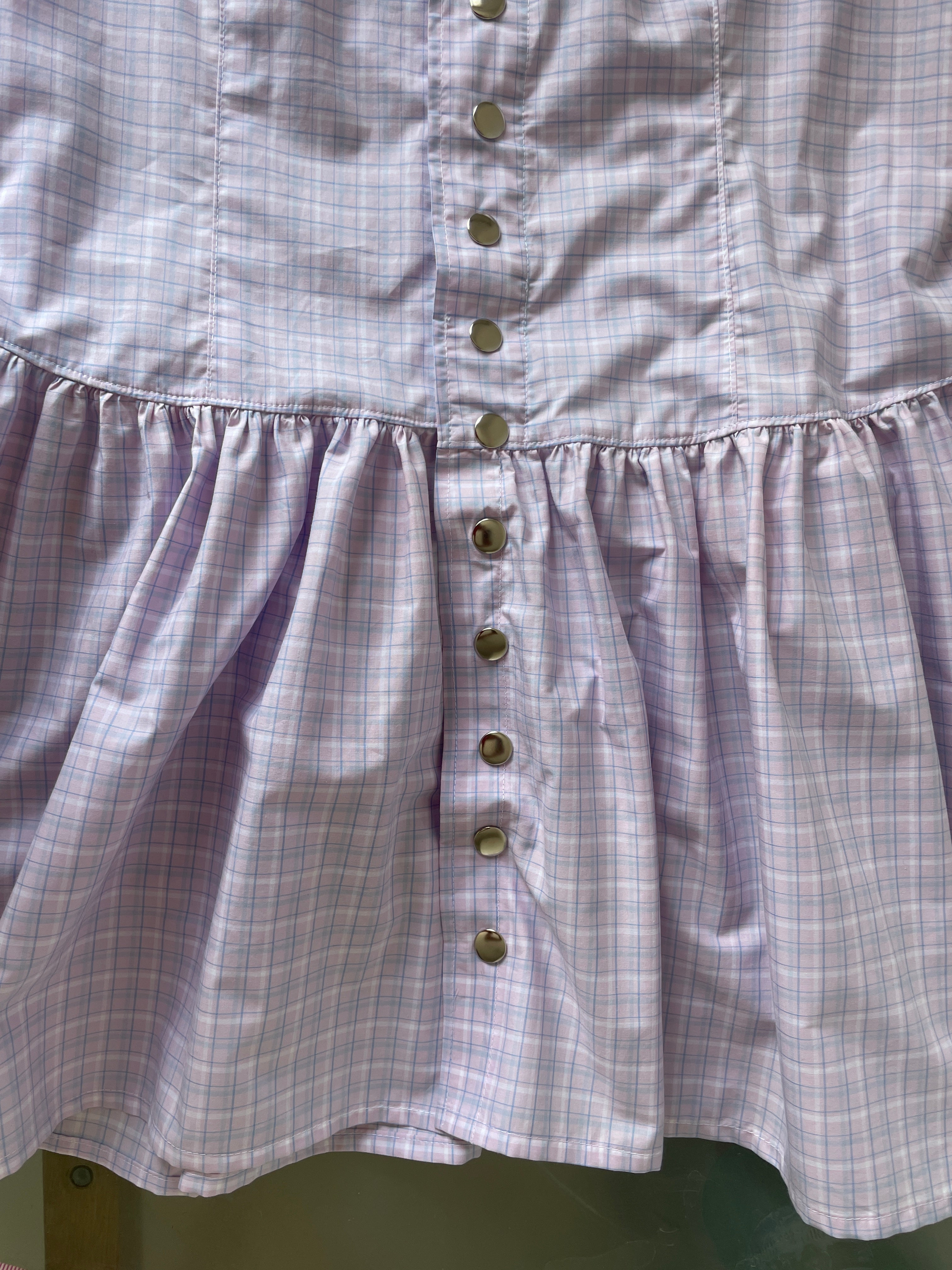 pink purple check snap button gathered drop waist dress with oversized collar