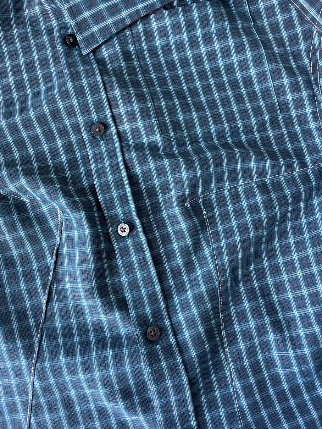 reworked green check asymmetrical button up shirt
