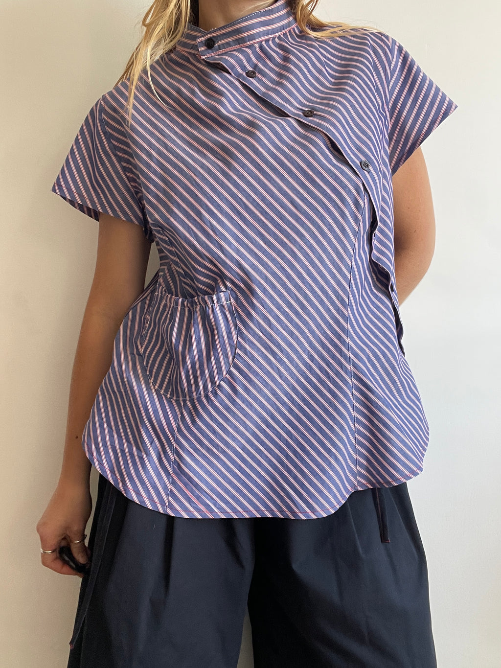 reworked striped pocket button up asymetrical shirt