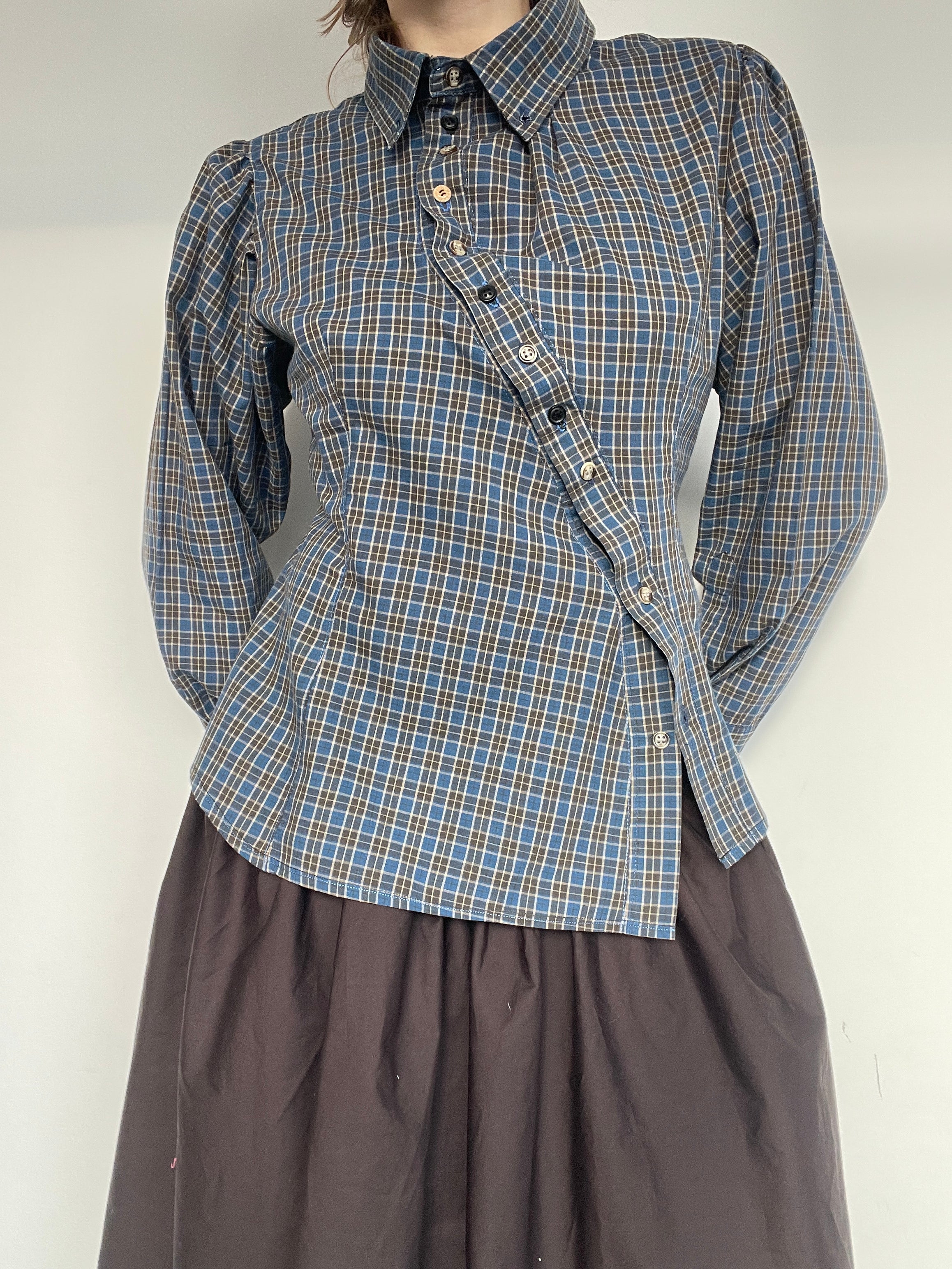 reworked asymetrical button up blue plaid long sleeve shirt