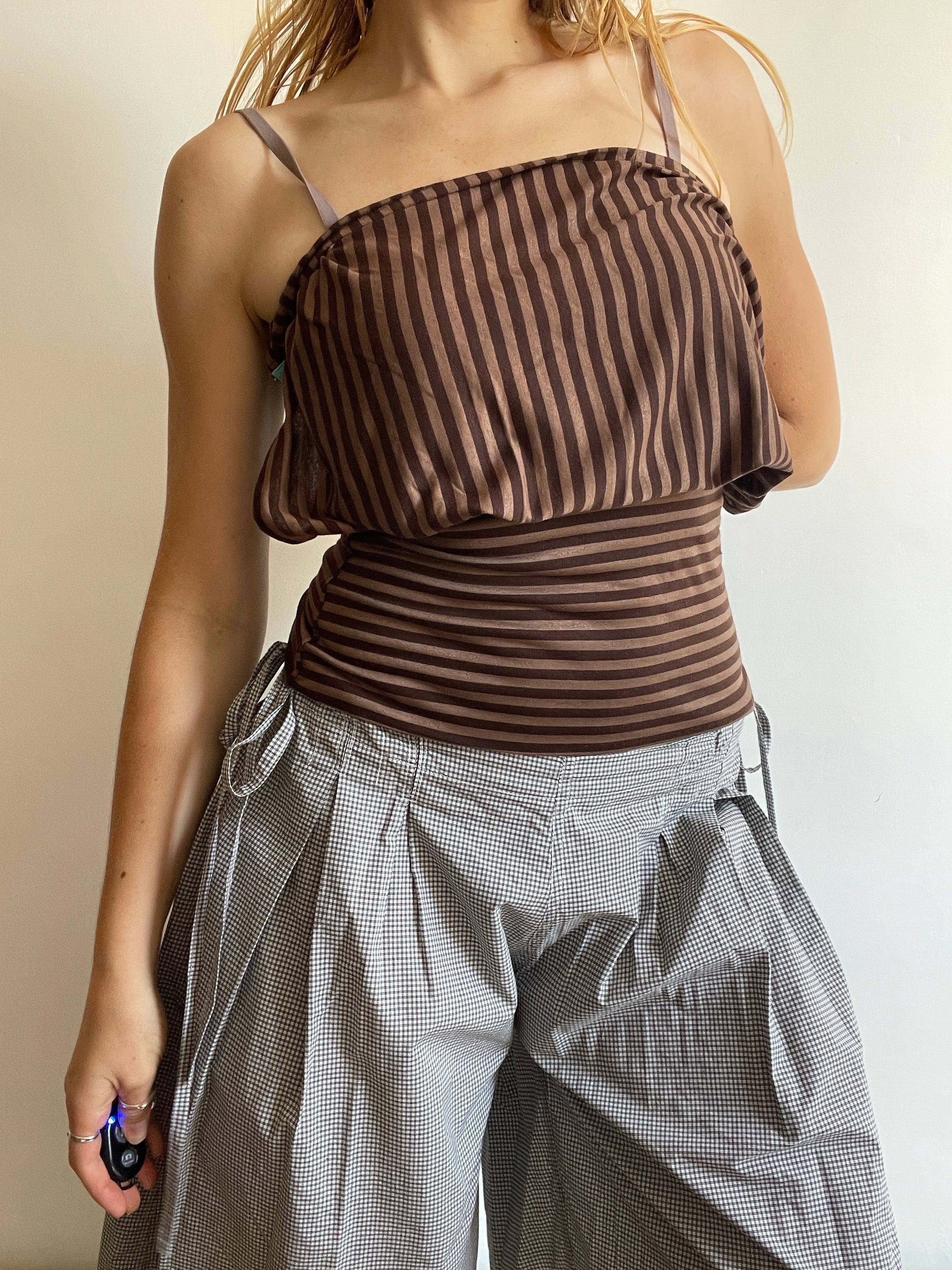 handmade brown stripe halterneck/ cowl neck with adjustable neck tie